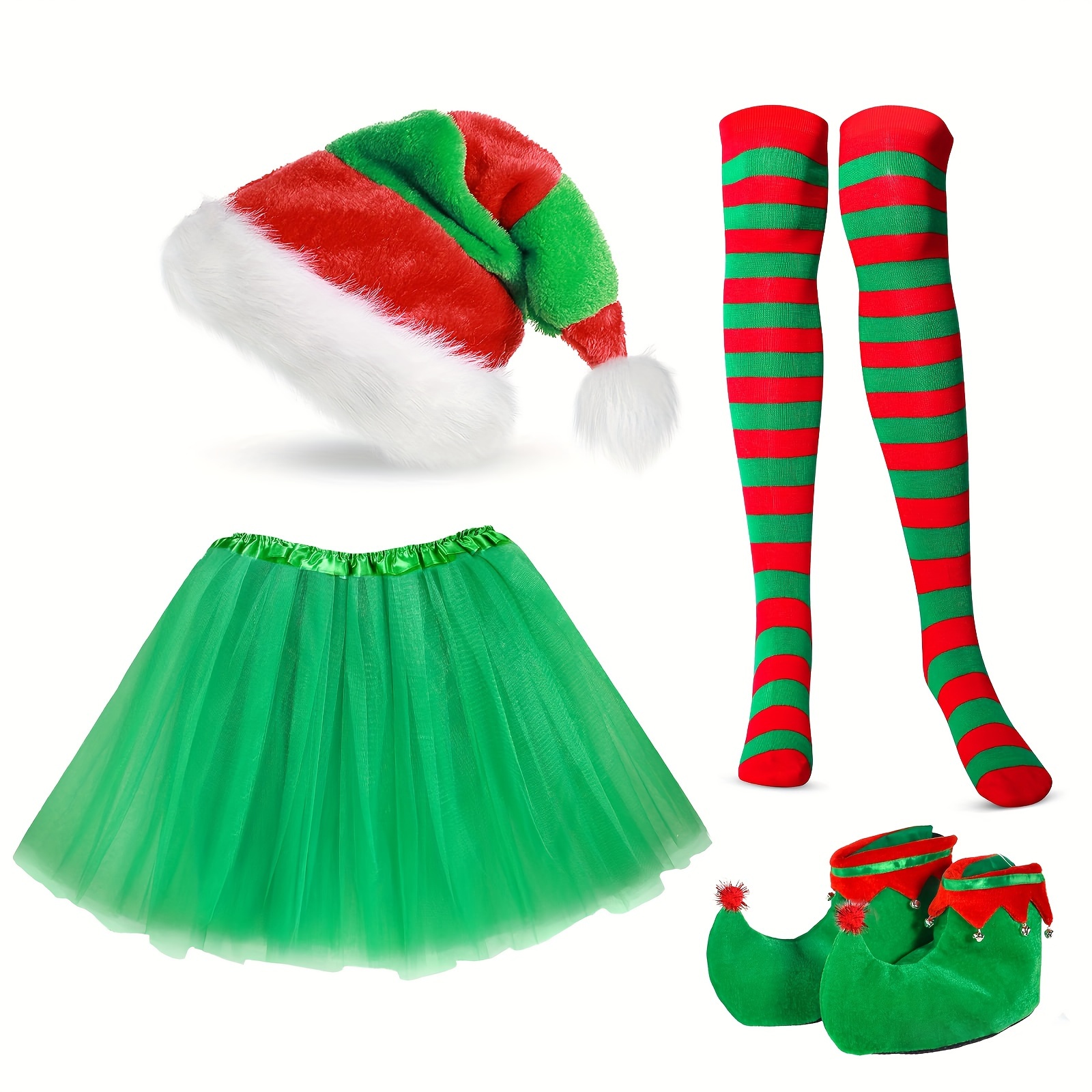 

4pcs Christmas Elf Costume Set For Adults - Includes Santa Hat, Tutu Skirt, Striped Socks & Shoe Covers - Holiday Parties & Cosplay