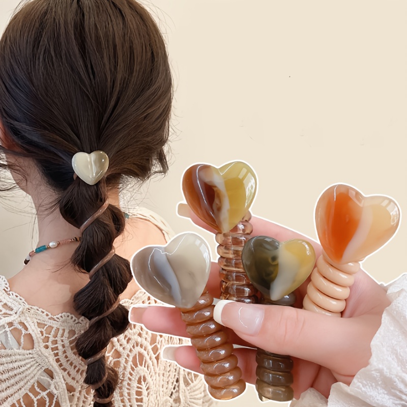 

4pcs Set Chic Heart-shaped Spiral Hair Ties - Resin Ponytail Holders For Women And Girls, Perfect Valentine's Gift