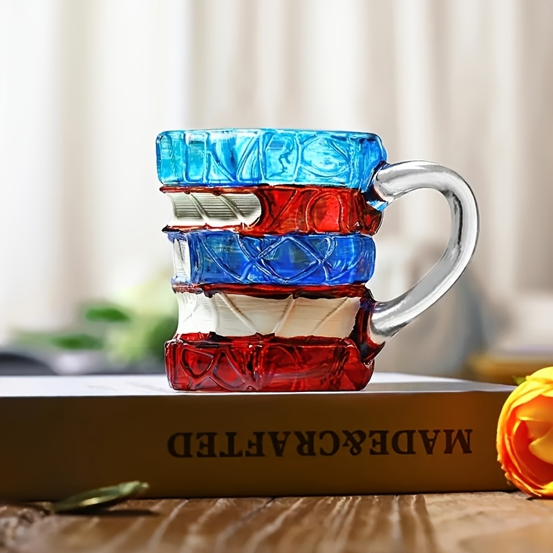Image of Painted Book Mug 3d Stained Glass Stack Design Coffee Cup, Artistic Literary Reading Mug, Unique Halloween And Christmas Birthday Friendship Gift For Women Readers Librarians Literature Lovers