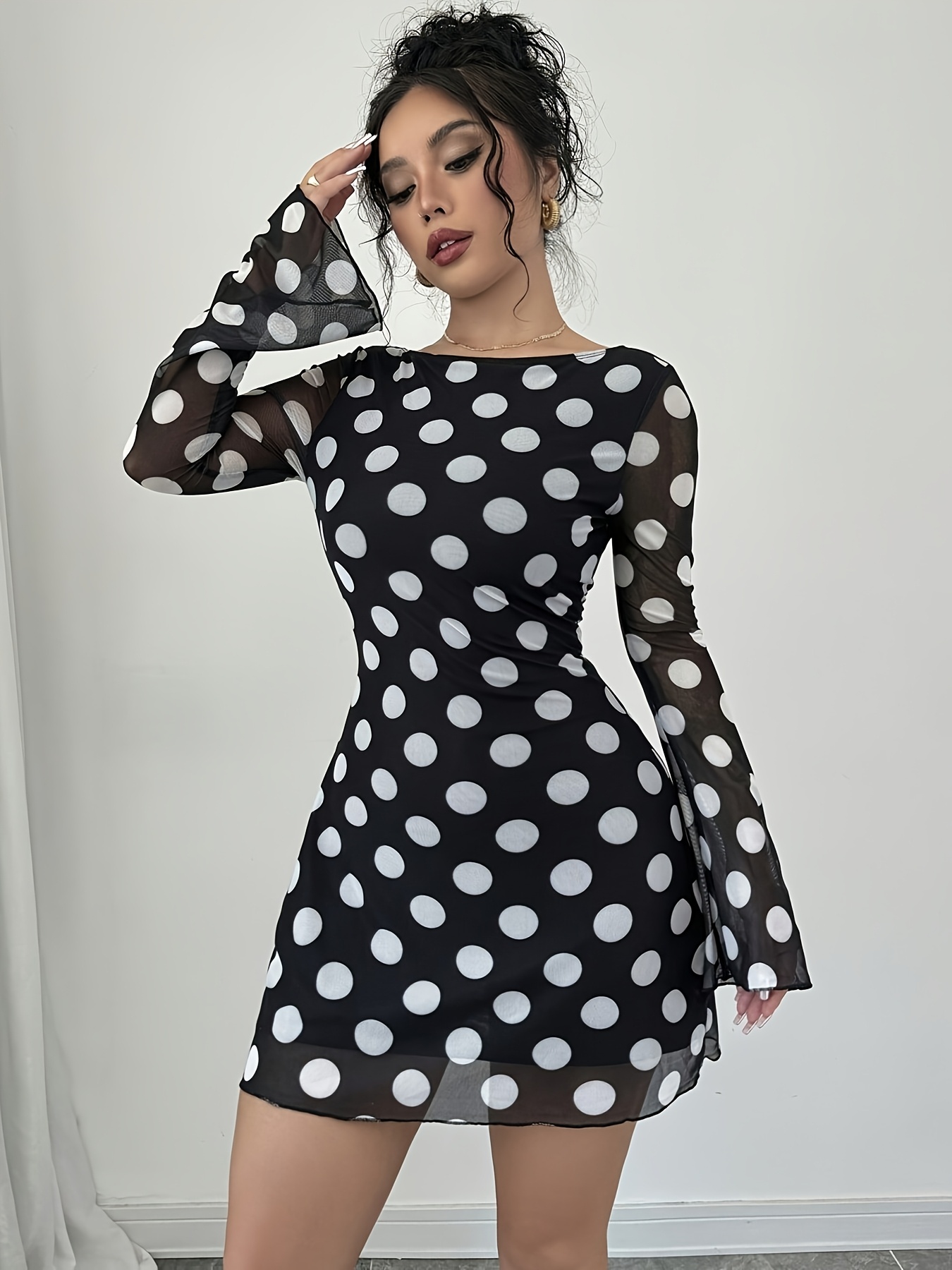 Mini Dress Black And White Mesh Dress Women's Elegant Black White Polka Dot  Backless Mesh Mini, image size:800x1067