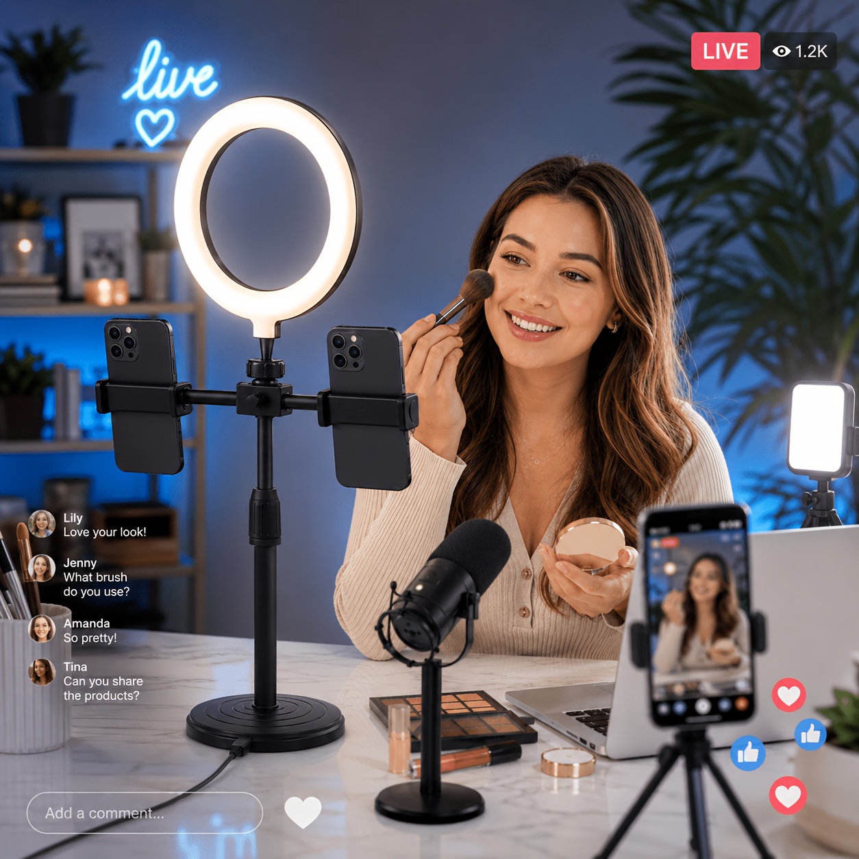 TEMU 16" With Dual Phone Holders, Fill Light, 3 Color , Adjustable Height Stand, For Streaming, Makeup, Selfie, Zoom Calls, Photography