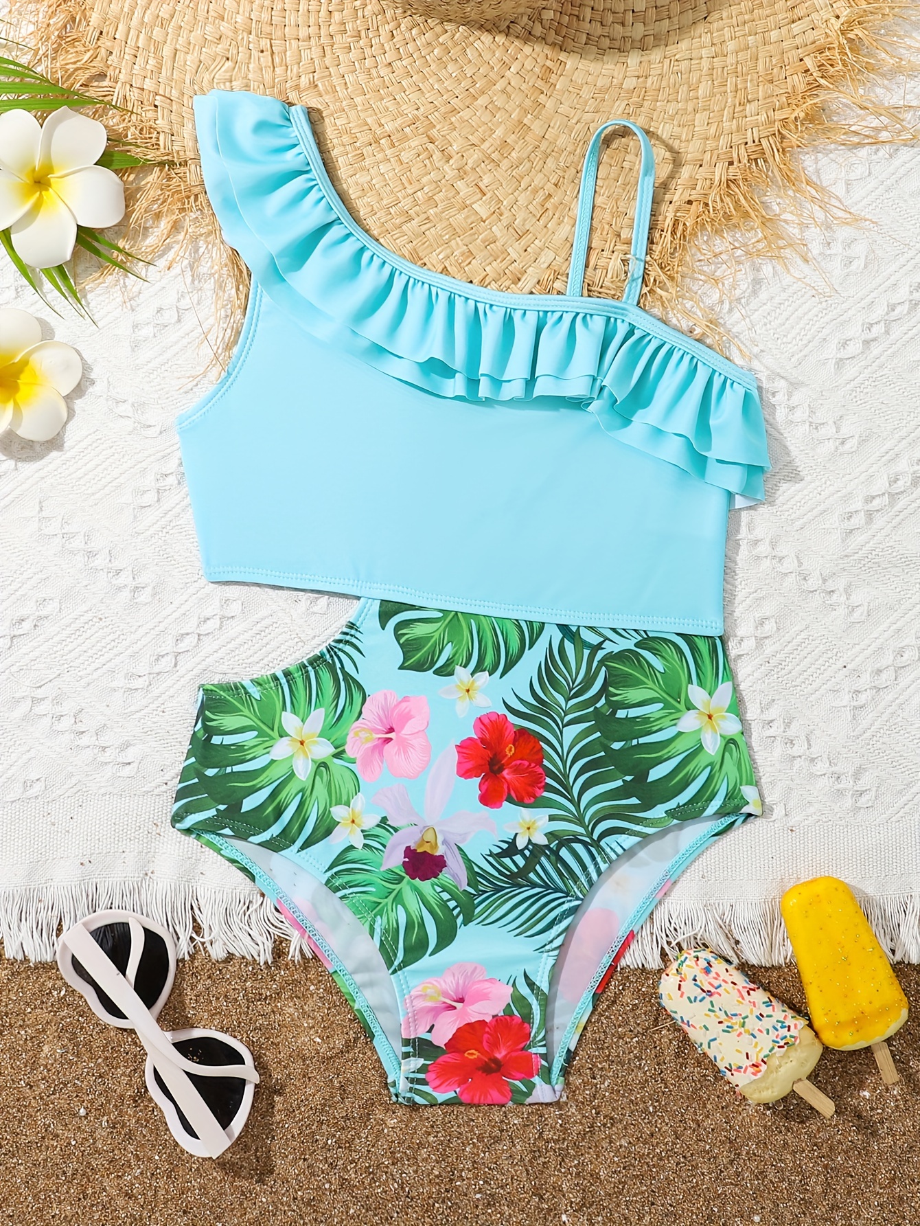 Girl s Tropical Plant Pattern Sleeveless One piece Swimsuit Cut out Design Ruffle Decor Bathing Suit Girl s Swimwear For Summer Beach Holiday