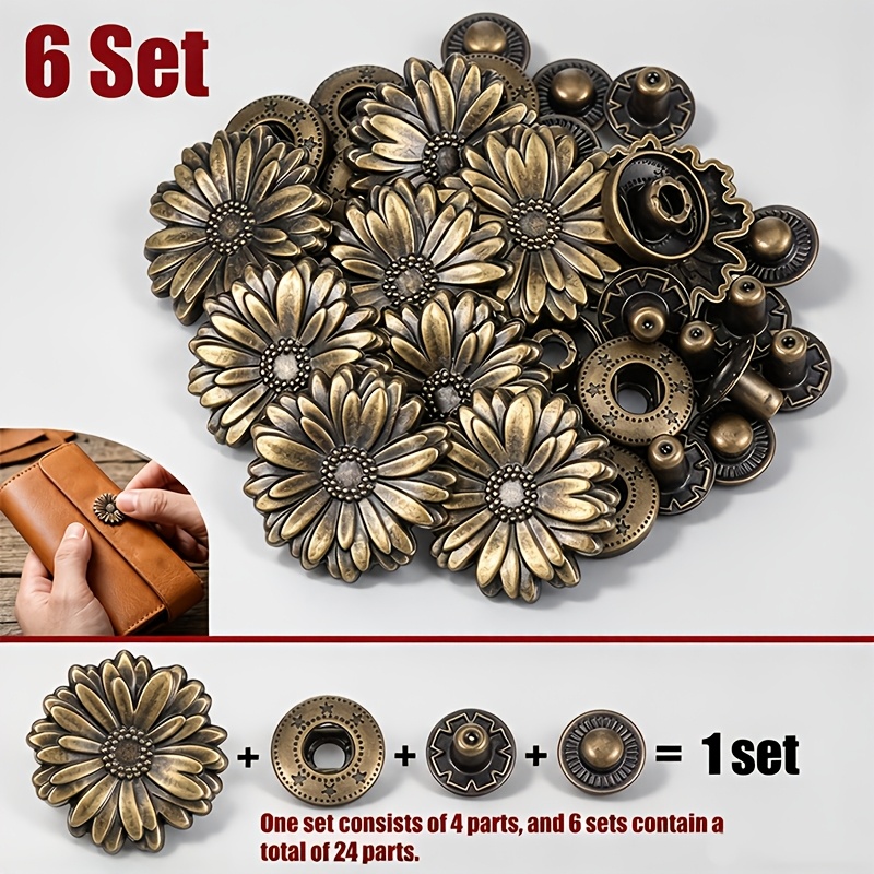 TEMU 6 Sets - Vintage Chrysanthemum Leather Rivets, Metal Studs, Leather Craft Decoration Flower Studs, Clothing, Bags, Belts, Shoes, Additions,