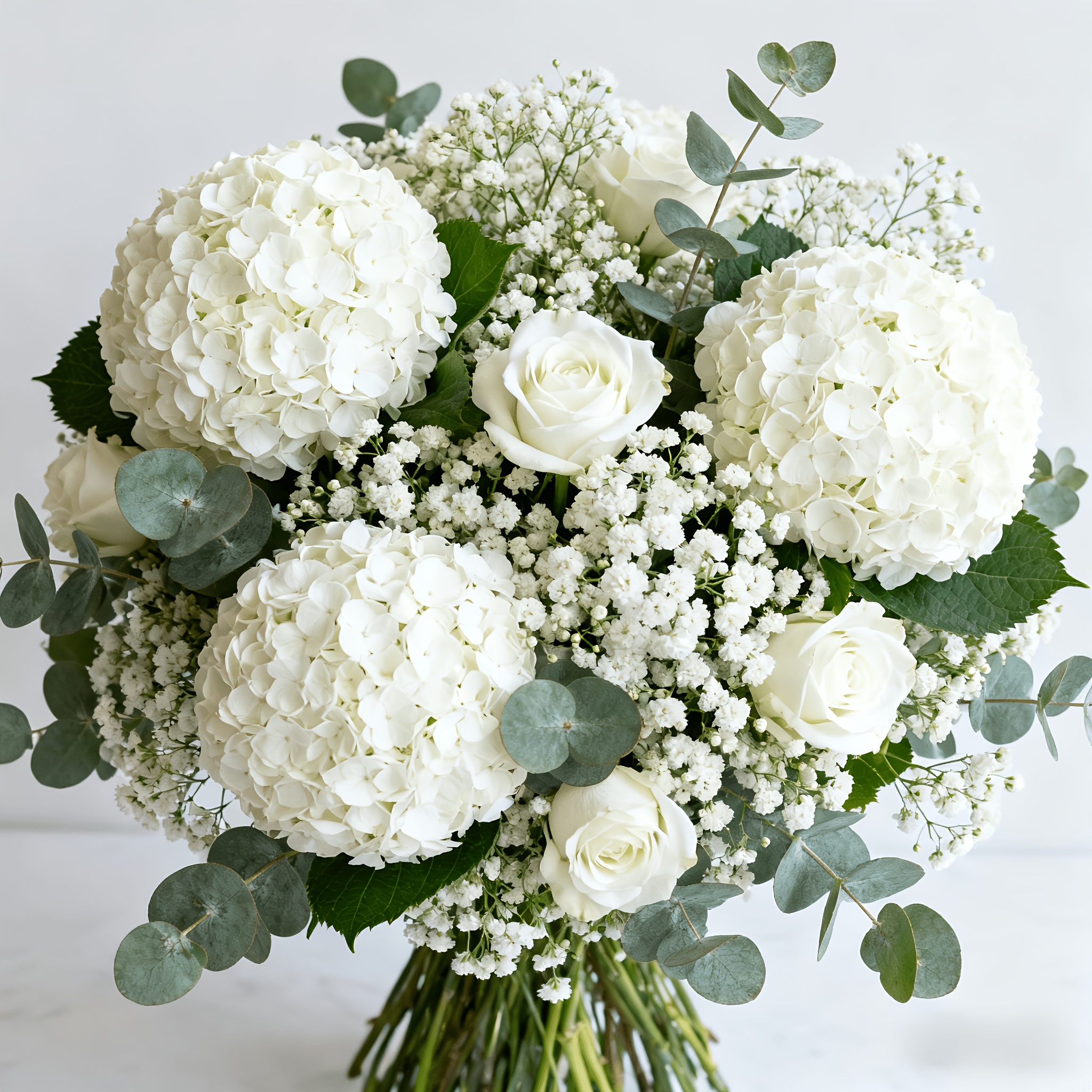 item picture 35pcs beautiful and elegant white artificial flower bouquet combination of 3 hydrangea flowers 4 long stem roses 20 babys breath stems 10 eucalyptus stems perfectly suitable for home decor holiday decor wedding decor wedding bouquets