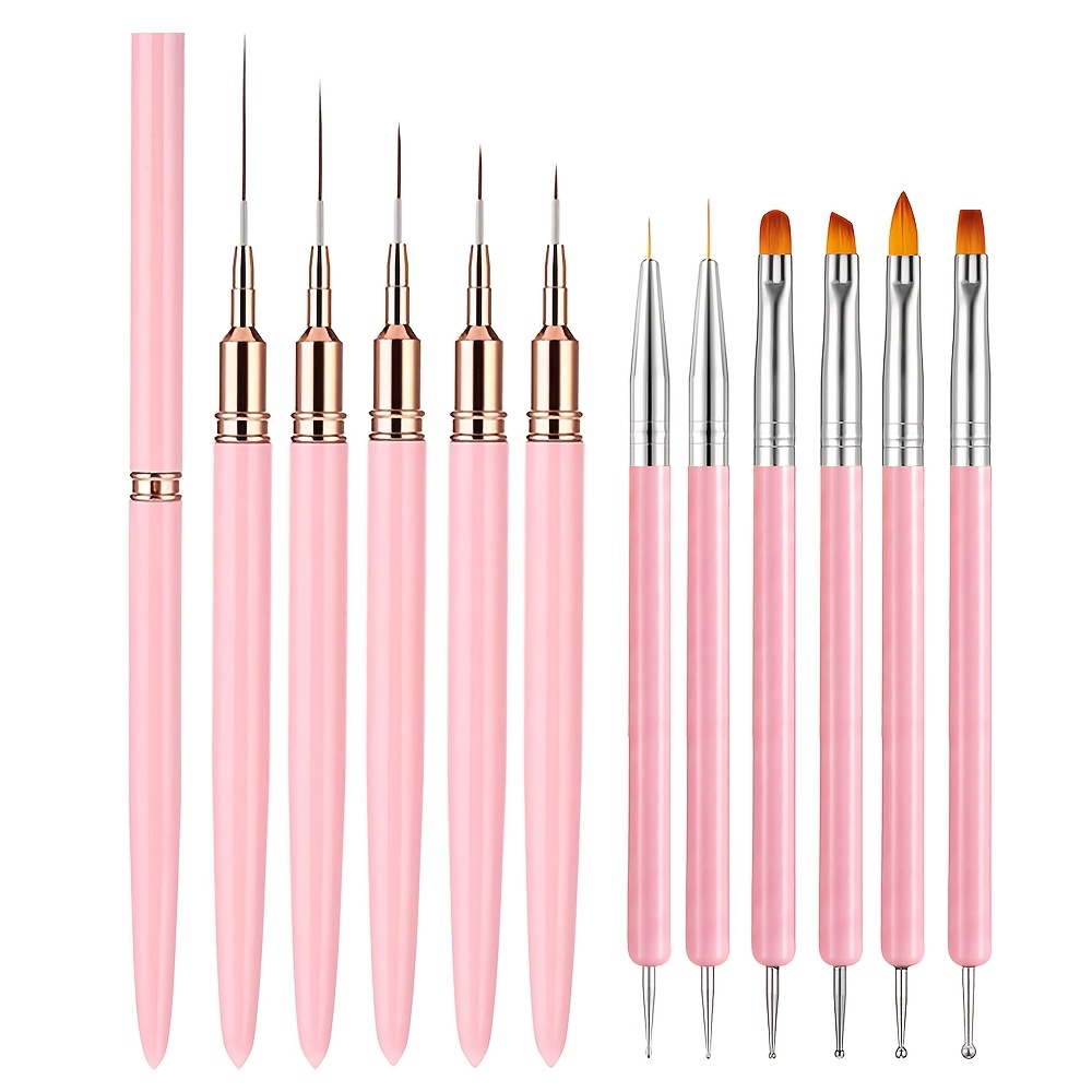TEMU Kit de pinceles rosa para decoración de uñas, set de 11 piezas, pinceles delineadores de detalles , bolígrafos de punta para puntos, gel para
