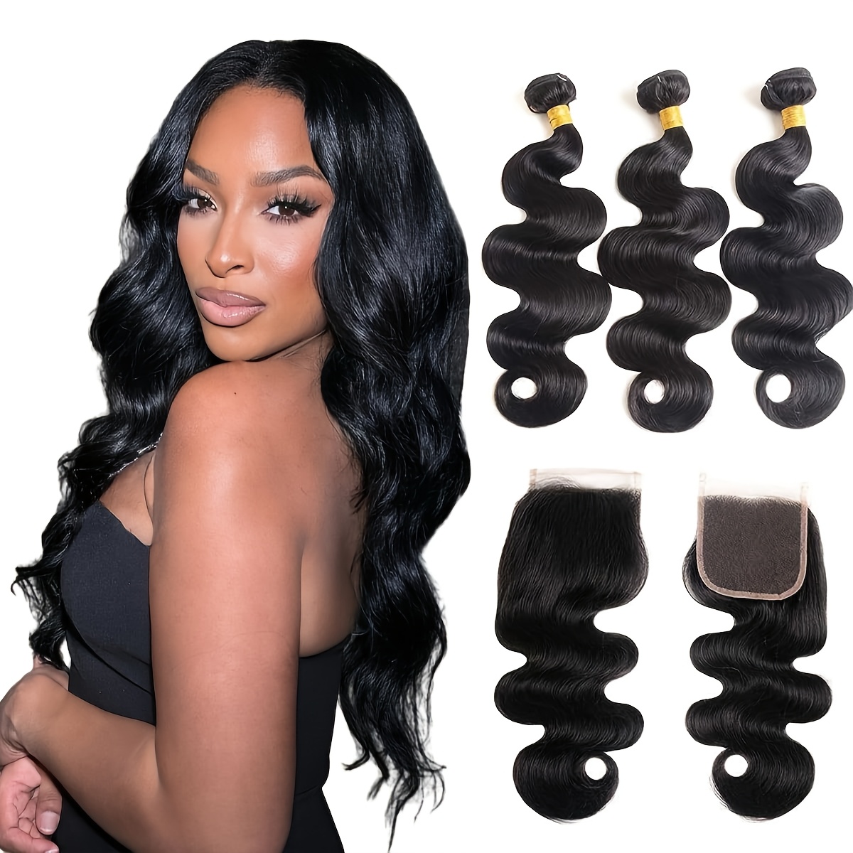 body wave bundles with closure human hair human hair bundles with closure 100% brazilian   body   bundles human hair with 4x4 lace closure natural black details 5