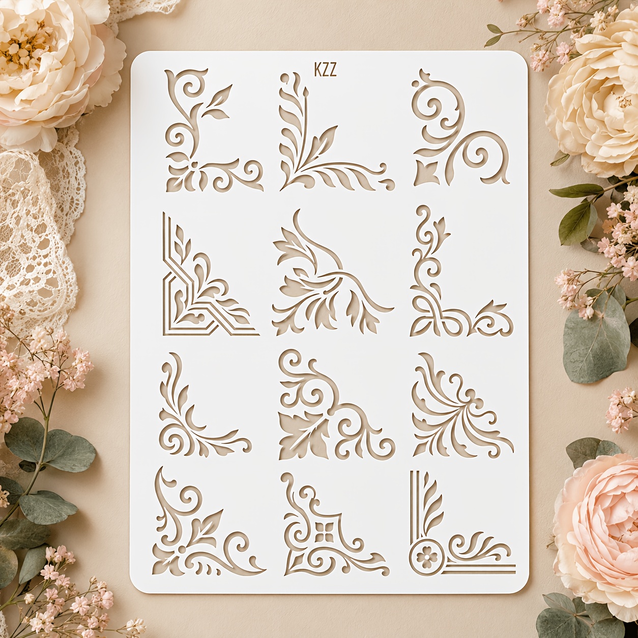 TEMU KZZ Set di stencil per bordi angolari , template da disegno cavo in PET riutilizzabile, 12 stili vintage a spirale, stencil decorativi angolari,