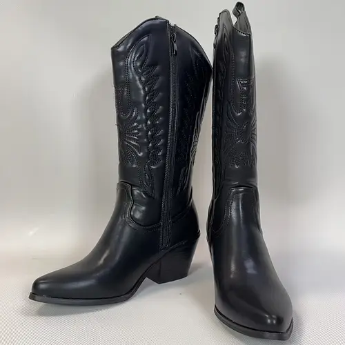 womens embroidered printed high boots thick heels side zipper elegant and fashionable