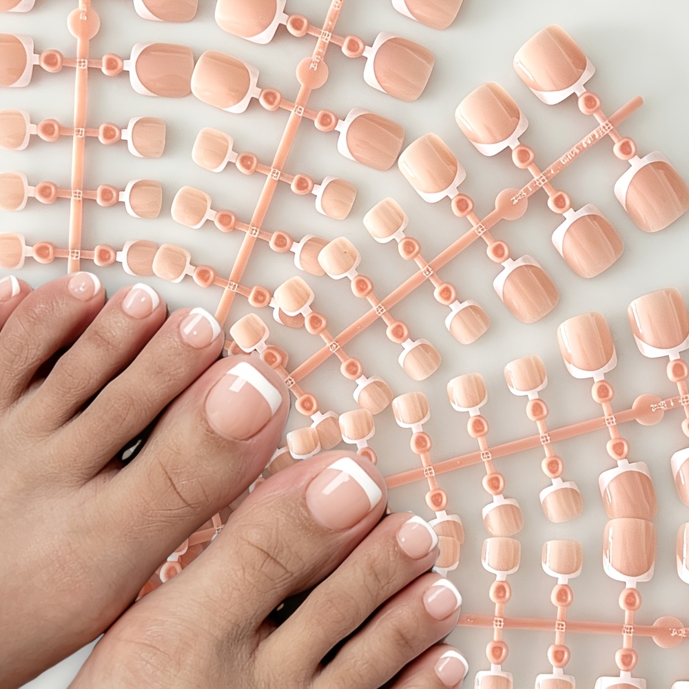 TEMU 120 stuks Nude Roze French Press on Nagels, Korte Vierkante Nep Teennagels, Natuurlijke Witte Rand Nep Teennagels, Herbruikbare Glanzende Voet