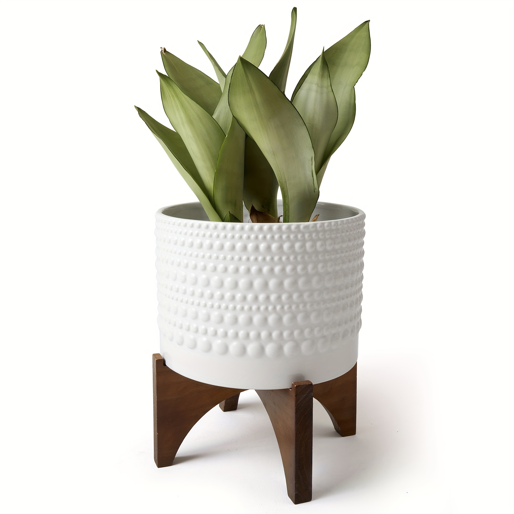 

Vintage Style 9.8 Inch Ceramic Planter With Wood Stand - Embossed Hobnail Patterned Cylinder Flower Pot With Drain Hole For Indoor Plants