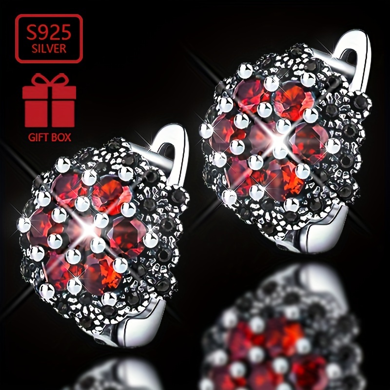 

Vana's 925 Silver Women's Fashion Earrings: Festive Floral Design With Garnet And Black Zirstones, Perfect For Everyday Wear And Special Occasions