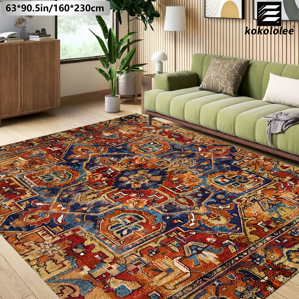 TEMU 1pc Kokololee Luxury Velvet Area Carpet - Vintage Persian Multicolor Red Blue , Non-slip Backing, Machine Washable, 100% Polyester Fiber - Very