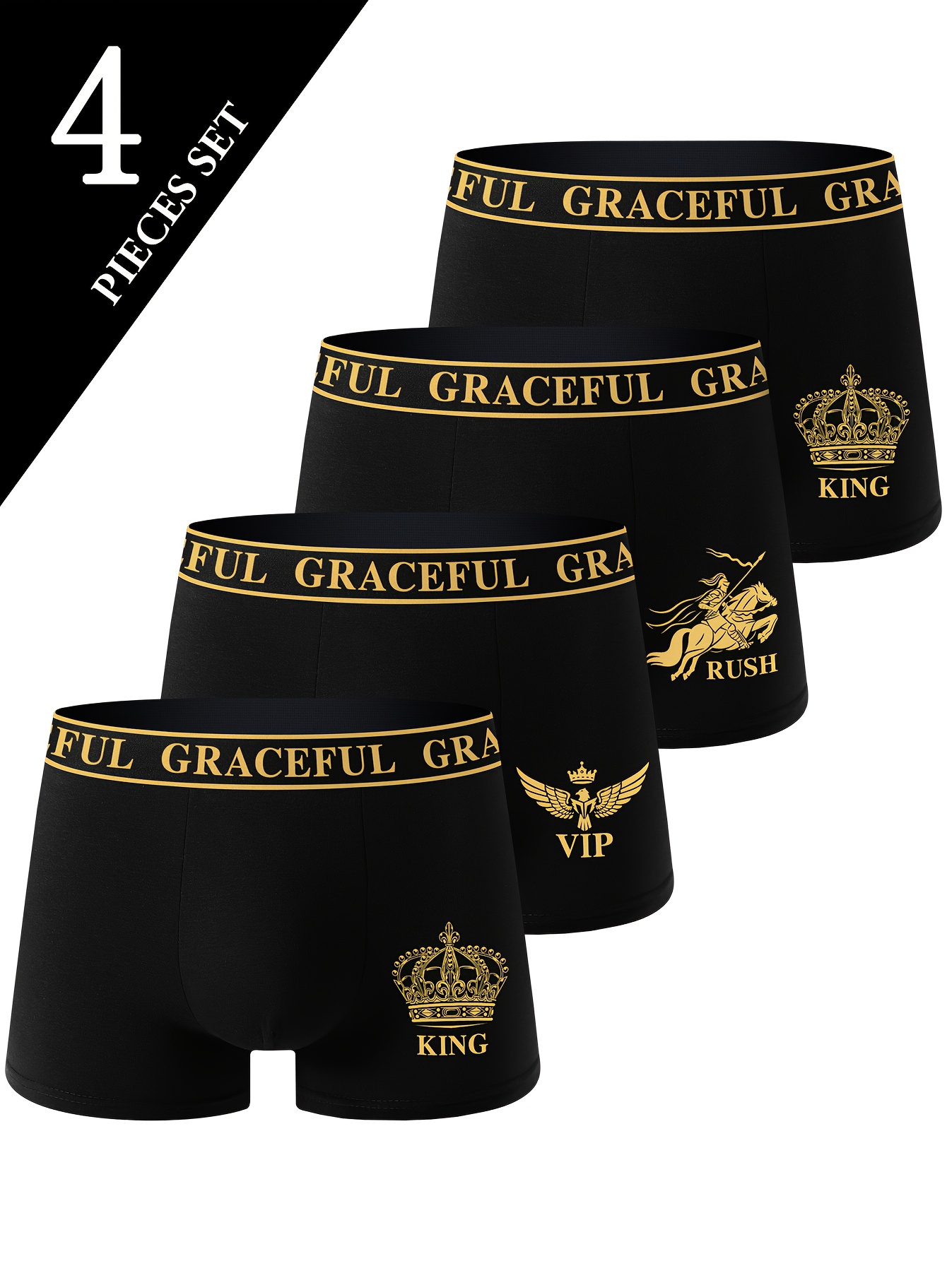 4pcs Men'S Boxer Briefs - Stylish & Comfortable High-Elasticity Underwear with Golden Geometric Patterns, Soft Breathable Fabric for Casual Attire, Everyday Comfort | Stylish Boxers | Comfortable Fit