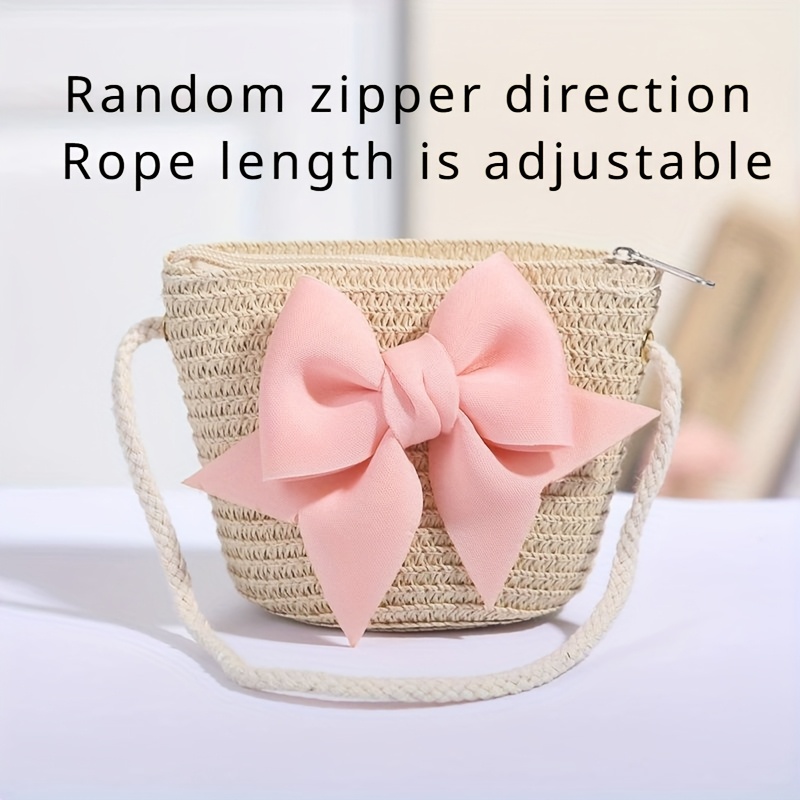 TEMU 1pc Hand-woven Mini Crossbody Bag With Fashion Bow, Zipper Closure, Portable Key Coin Purse, Fabric Material, In White, Beige, Pink Colors