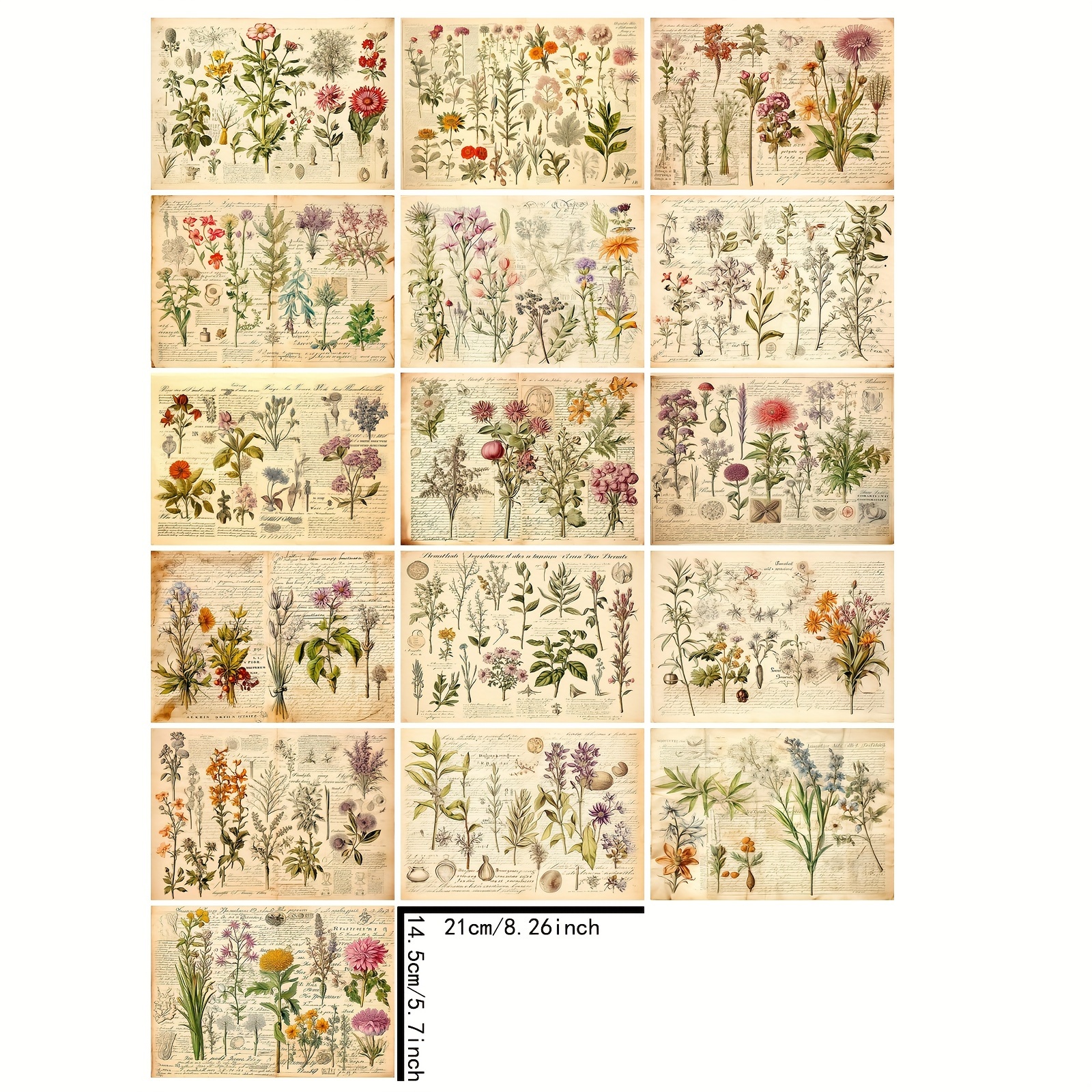 Image of 16 Sheets A5 Size Vintage Newspaper Word Pattern Floral Background Material Decorative Retro Journal Greeting Card Planner Background Card Pad