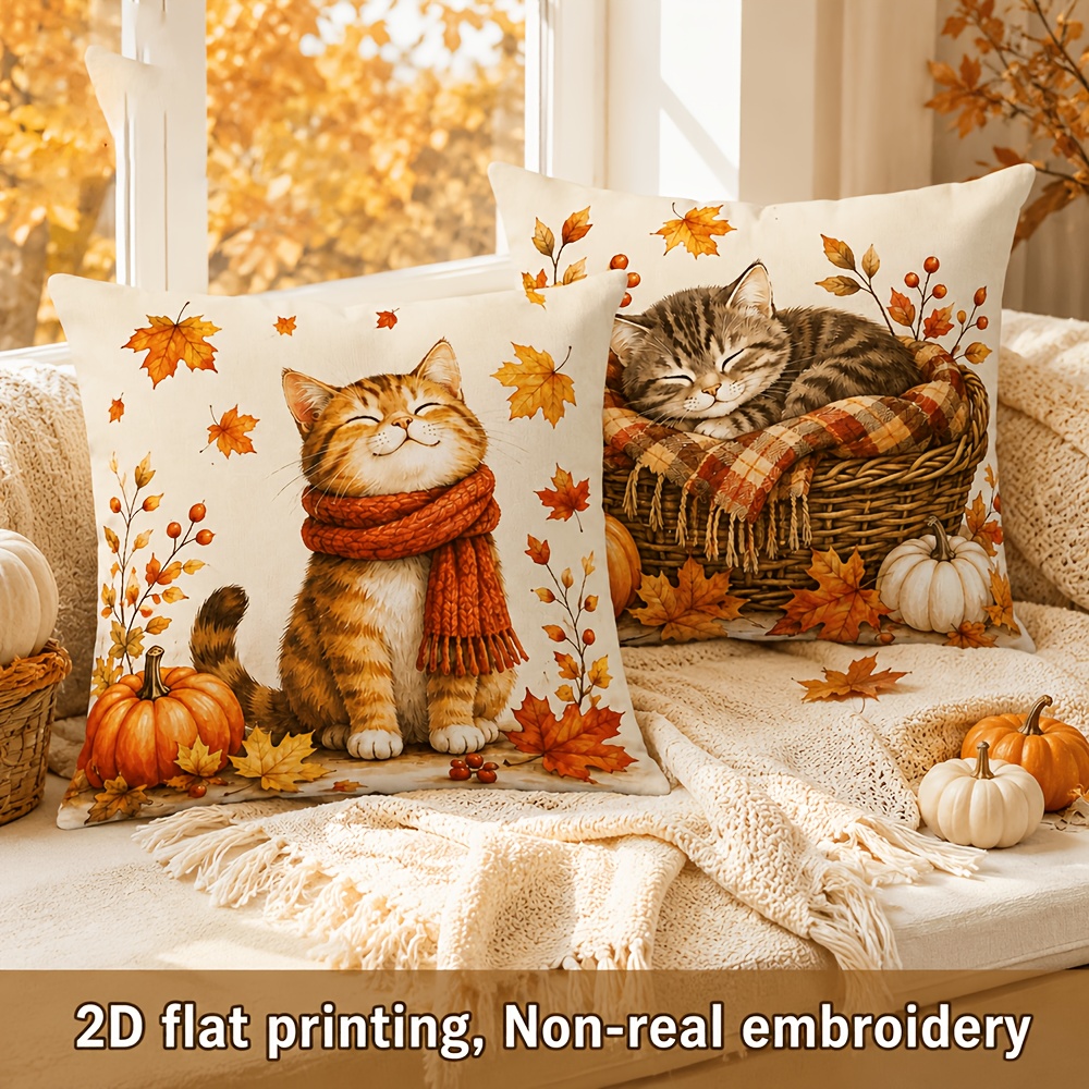 TEMU Set federe con stampa piatta 2D, per cuscino con gatto curativo autunnale a tema foglia d'acero e zucca, per cuscino d'accento per la casa, per