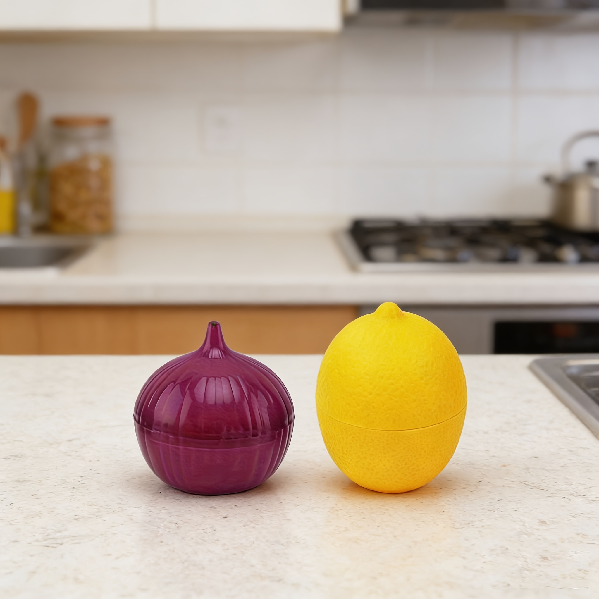 2pcs Set Lemon And Onion Food Savers - Multipurpose Plastic Storage Containers, Freezer Safe, , Hand Wash, No Electricity Needed - Fruit And Vegetable Shaped Kitchen Preservation Boxes