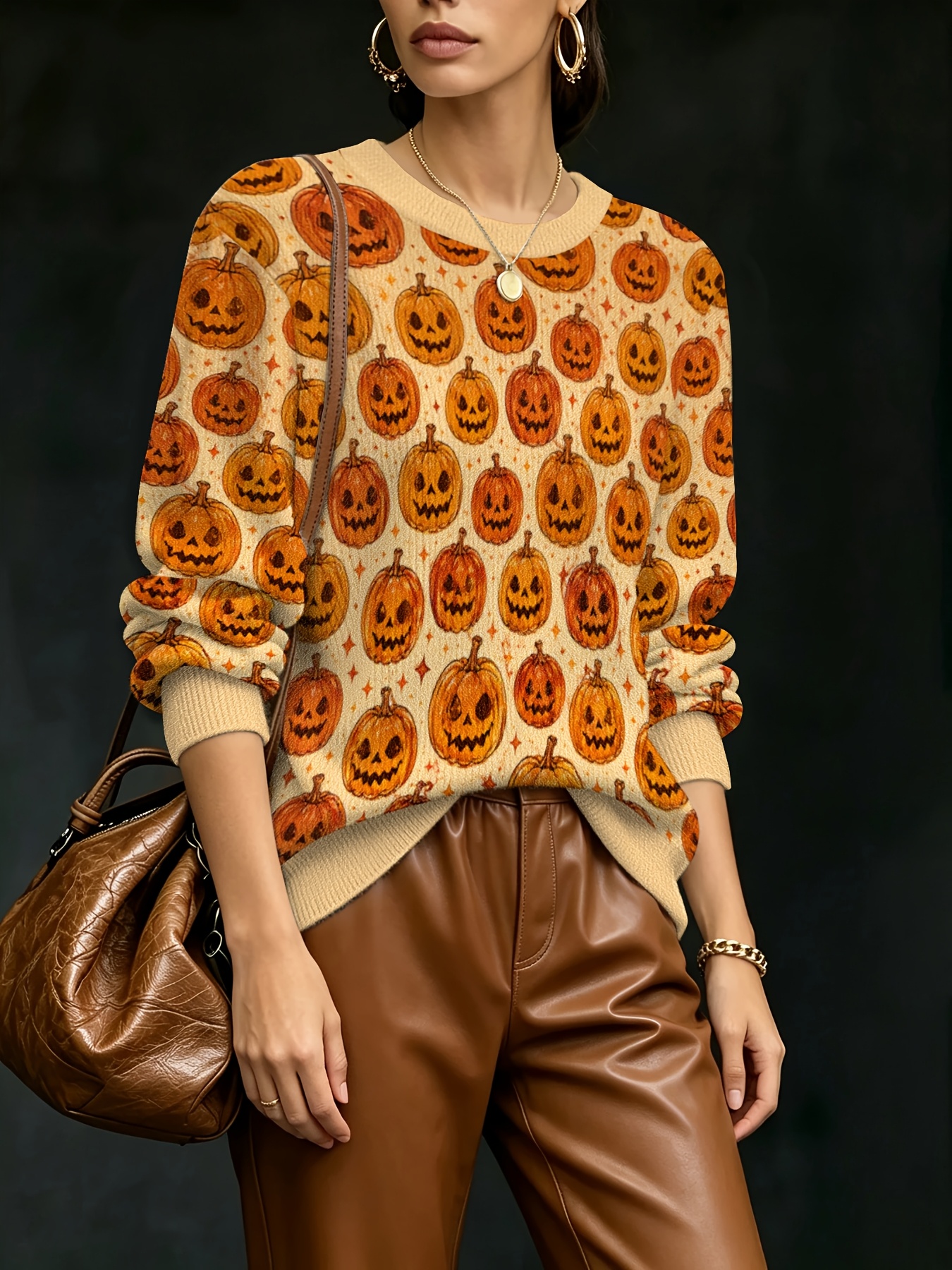 womens halloween fall winter thick   sweater printed loose crew neck pullover casual long sleeve     top soft comfortable machine washable knitwear for home outing