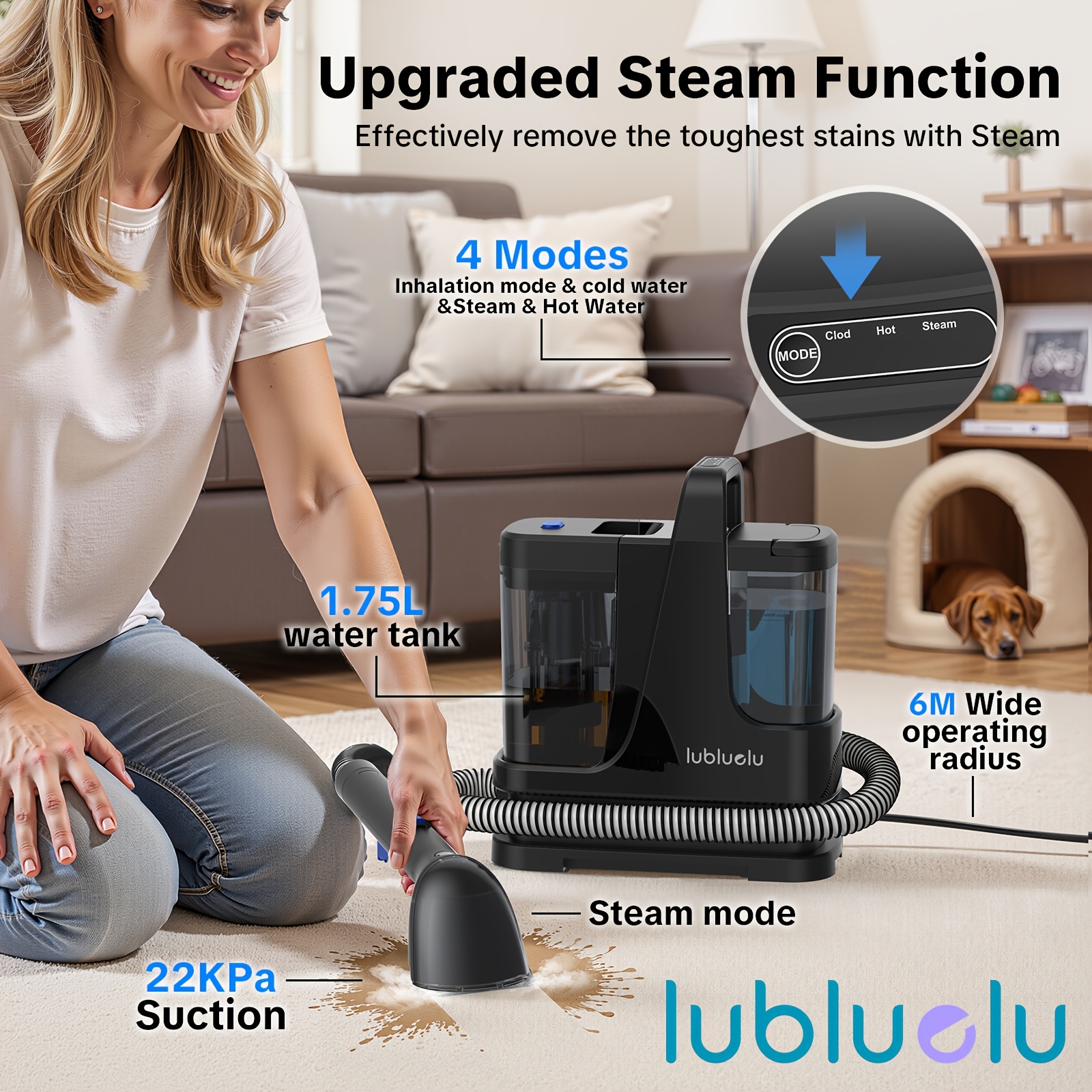Image of Lubluelu V9 Portable Carpet And Upholstery Spot Steam Cleaner, 22kpa Suction, 4 Cleaning , Stronger Cleaning , 1.75l Dual Water Tank, 6-meter Working , For Home, Rugs, Pets, Car Seats, Sofa, And Couch