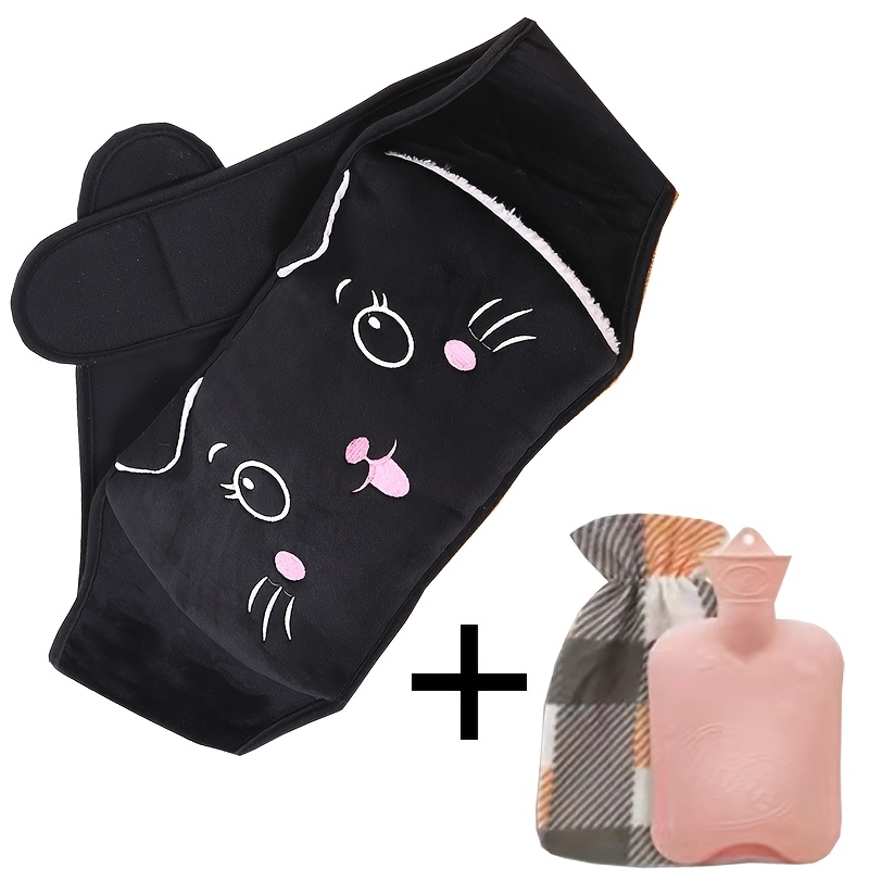 Image of Cute Black Cat Warm Waist Hot Water Bag 3pcs Set Water Injection Rubber Hot Water Bottle Winter Household Hand Warmer Belly Hot Compress Hot Water Bag No Electricity
