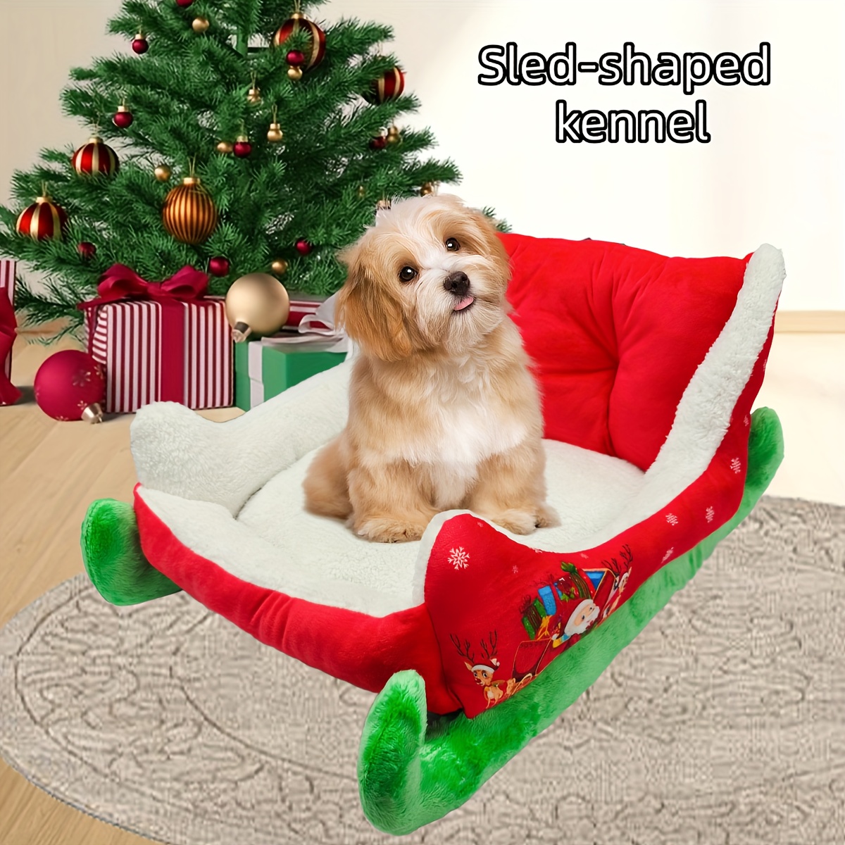heated christmas sleigh pet bed with removable washable cover -   thickened dog bed with plush filling, red & green festive design with white fur trim, sturdy frame &   - ideal for large/small/  dogs,   house, cozy winter bed for home decor, no  ,   gift,   fabric Product details 4