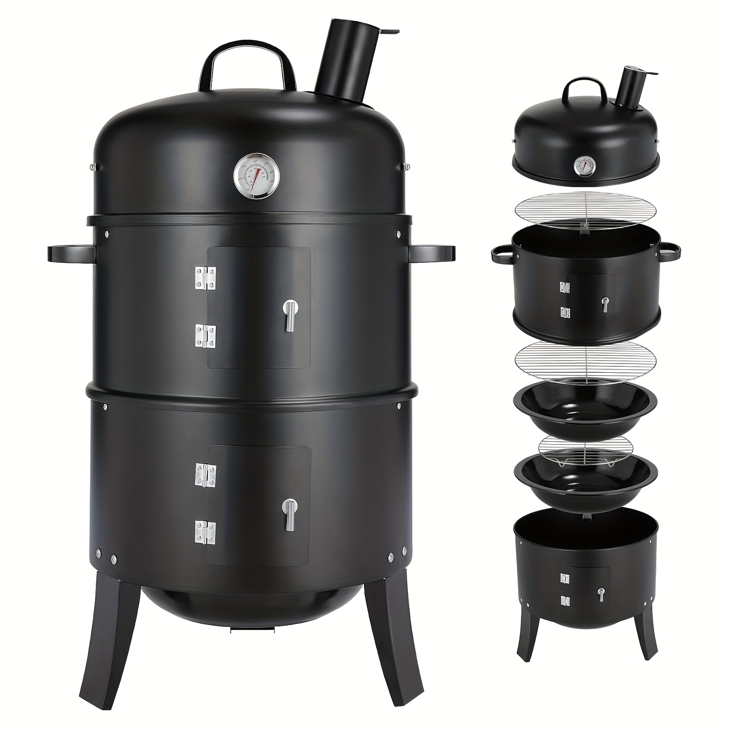 3-in-1 , A Smoking A Chimney, Grill , Grill With A Lid And Thermometer, Includes 2 And 2 Water Bowls, Iron Water , Without Battery