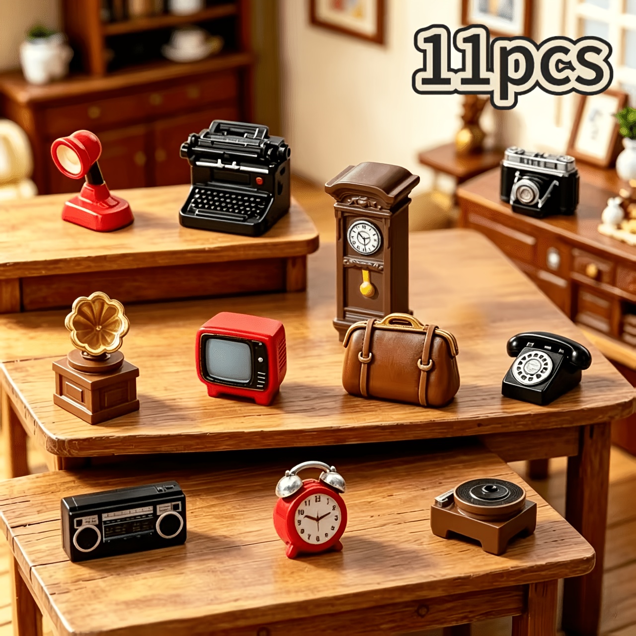 TEMU Vintage Miniature Ornaments Set, Retro Mini Telephone, Tv, Radio, Wall Clock, Handbag And Other Dollhouse Decorations, Retro Models, Desktop