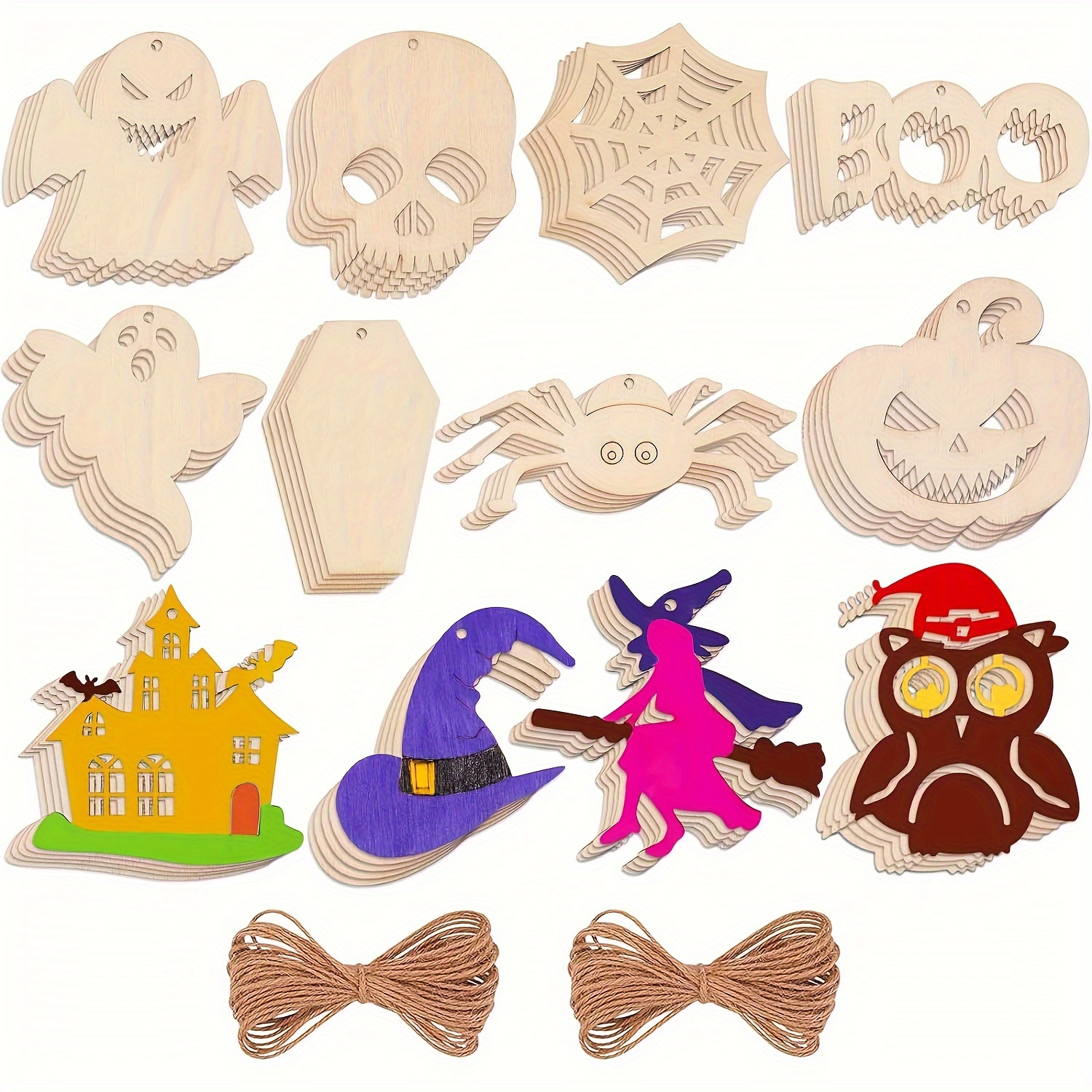 

60-piece Halloween Unfinished Wood Cutouts For Diy Crafts, Pre-drilled Wooden Halloween Hanging Decorations, Assorted Shapes - Ghosts, Pumpkins, Spiders, , Witches, And More