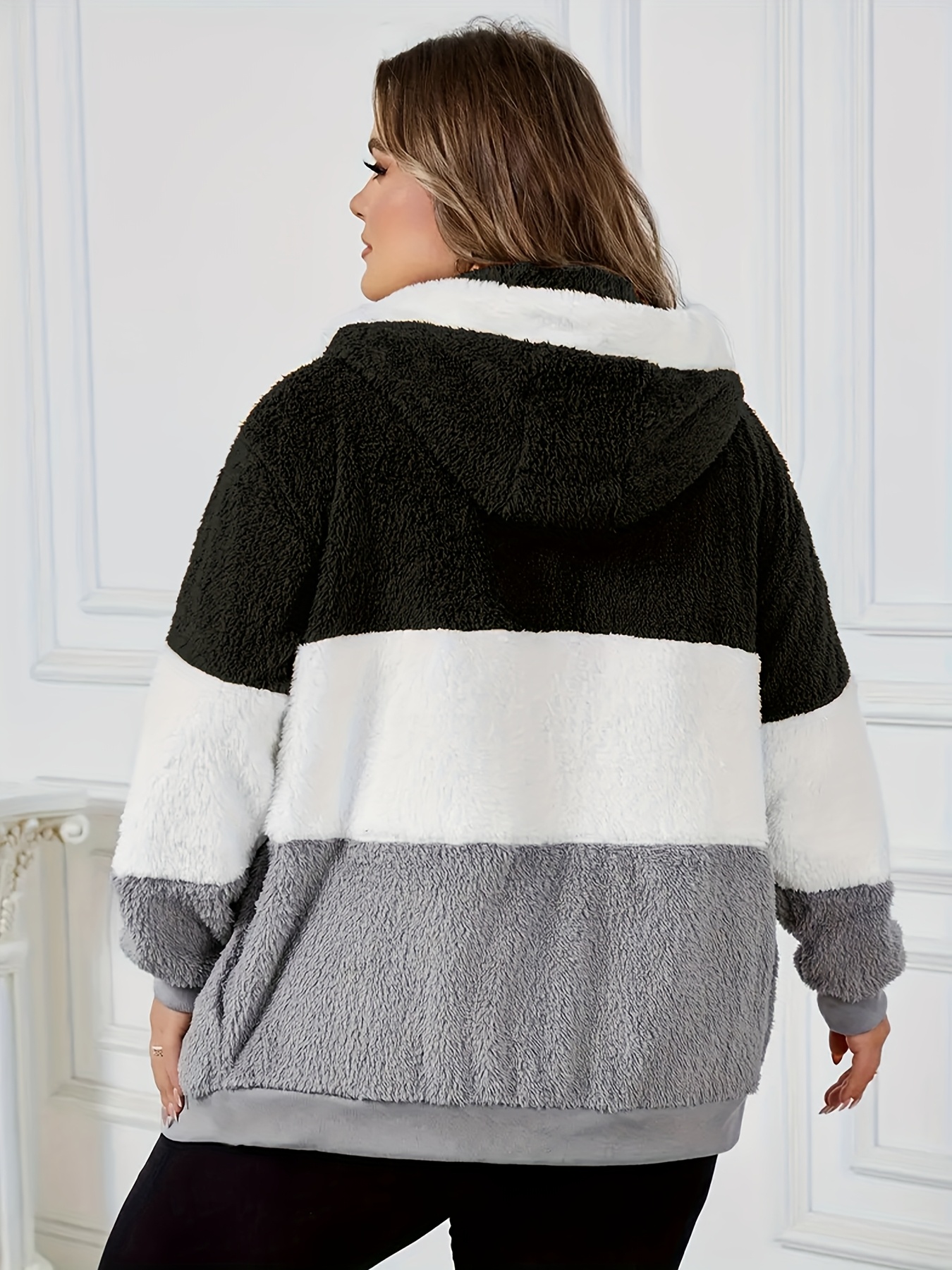Chamarra elegante para mujer con capucha forrada en peluche y cierres metálicos, diseño color block, abrigo de invierno holgado, lavable en máquina, ropa exterior para clima frío en otoño e invierno, abrigos de invierno para damas, comodidad con forro de peluche