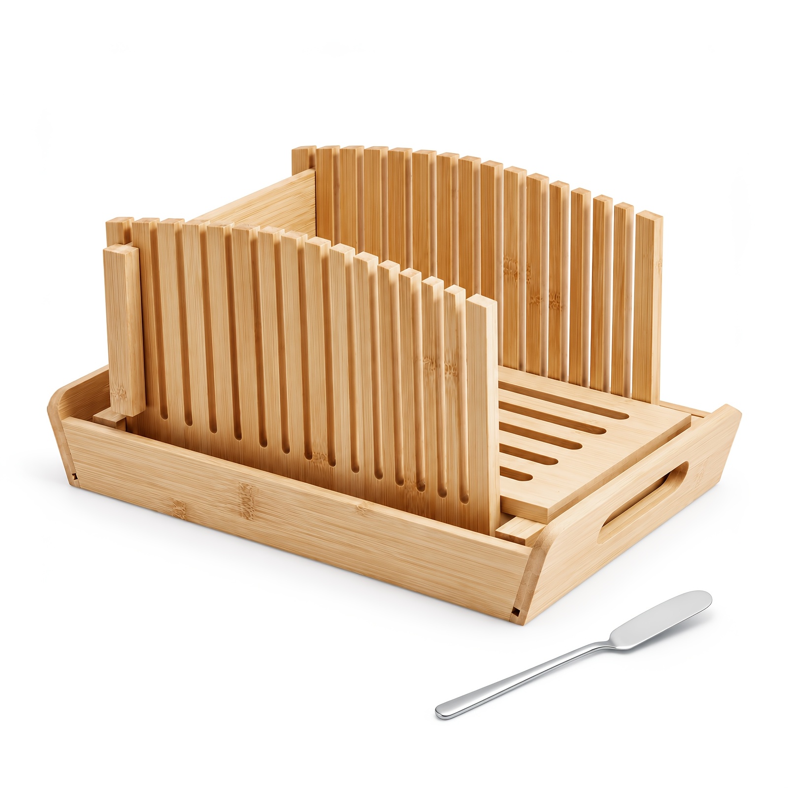 Bamboo Bread Slicer With Crumb Tray Bamboo Bread Cutter For Homemade Bread, Loaf Cakes, Slicer, Adjustable, Adjustable, Compact, Foldable, Bakery Kitchen Gadget Gift