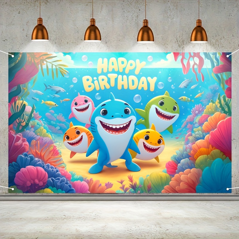 

Happy Birthday Shark Family Polyester Banner, 71x43 Inches, Photography Background Decoration For Birthday Party, No Electricity Required