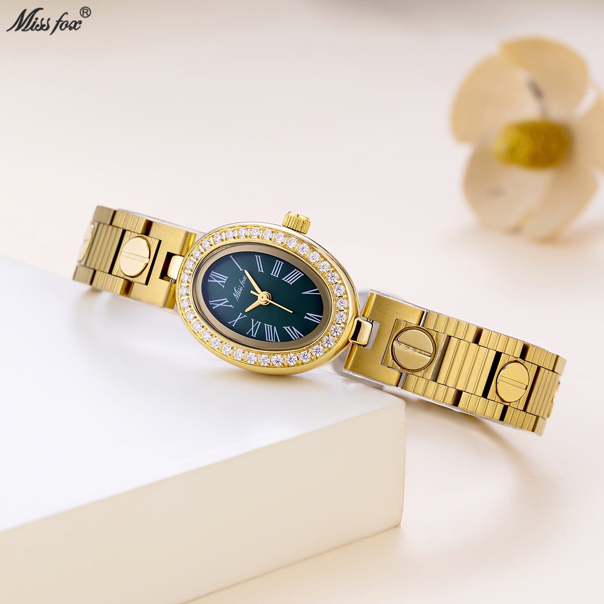 MISSFOX Elegant Women's Zirconia-Embedded Oval Dial Watch
