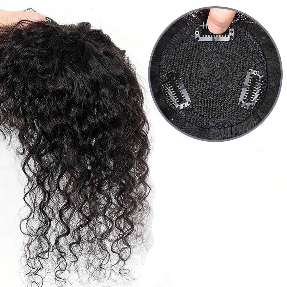 TEMU Topper de cheveux noirs naturels bouclés avec frange, extensions de cheveux humains pour femmes, clip-in