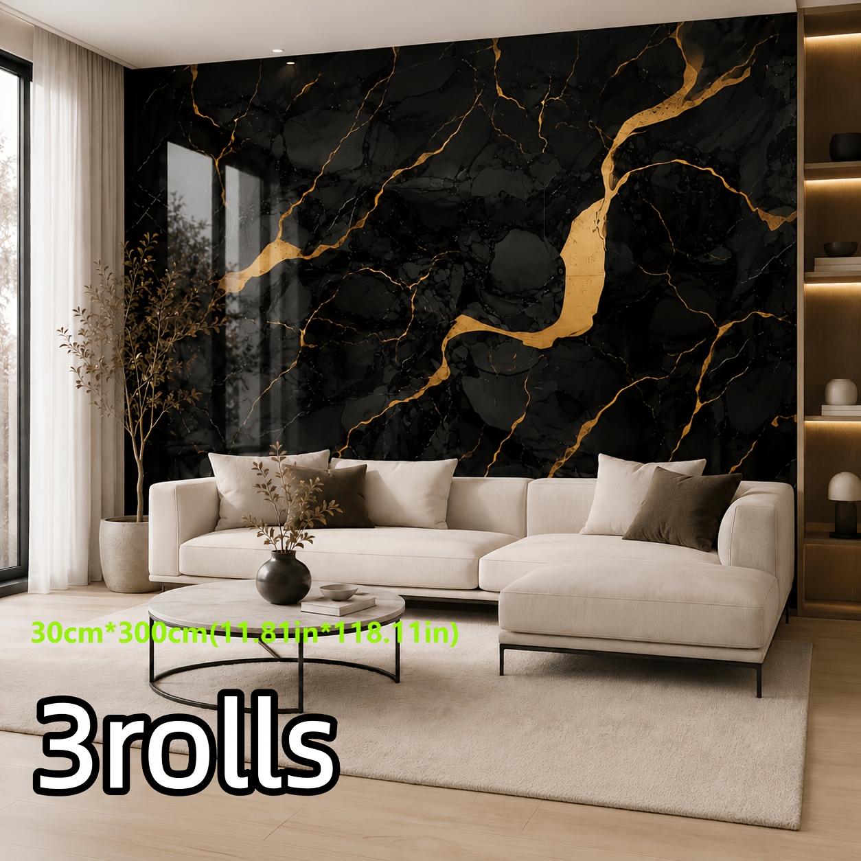 TEMU 3 rollos de papel tapiz de vinilo autoadhesivo impermeable con de mármol dorado , fácil de aplicar y limpiar, ideal para renovaciones de paredes