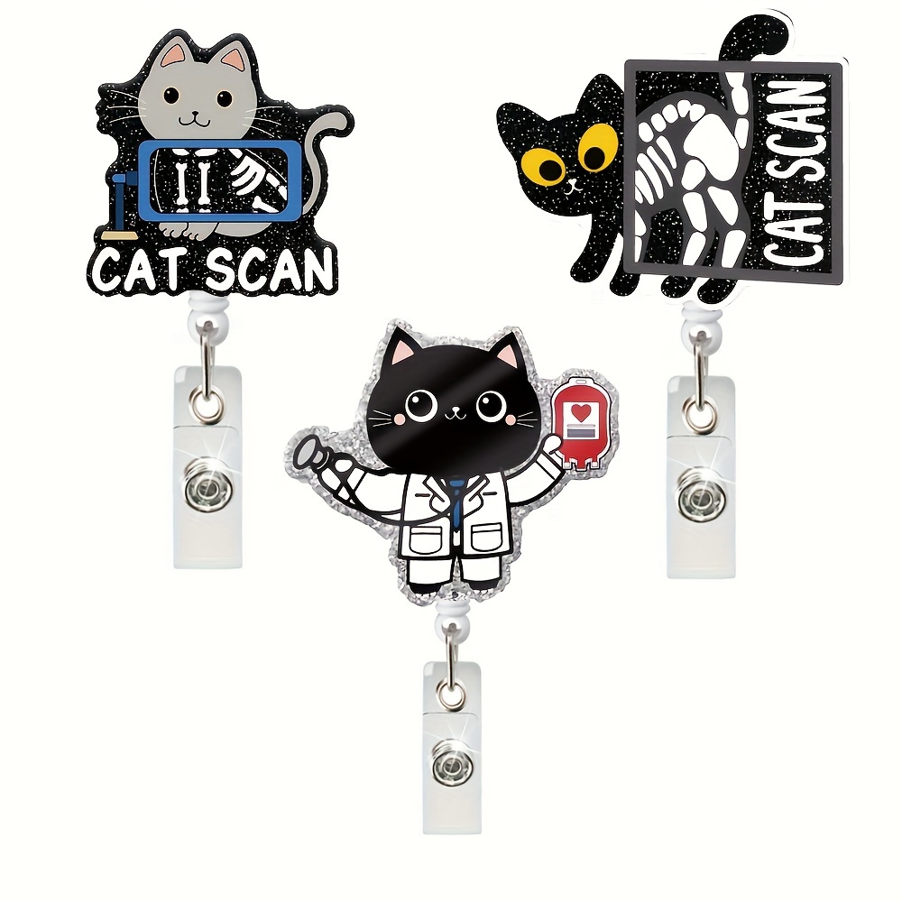 ERHACHAIJIA Cat Scan Retractable Black Glitter Badge Reel with Clip, Funny Black Cat ID Card Badge Holder Gift for Nurses Doctors X-Ray Orthopedics