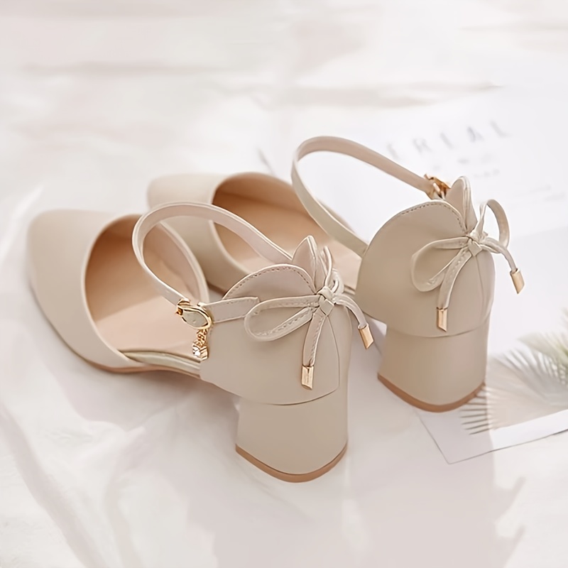 Women'S Elegant French-Inspired Mid-Heel Sandals with Ankle Strap & Bow Detail - Chic Pointed Toe Block Heel Pumps for Spring/Summer, Versatile & Fashionable Hollow Cutouts, Strappy Sandals