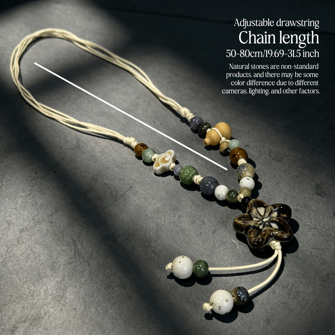 National Style Color-Blocking Beaded Tassel Necklace, Retro Design