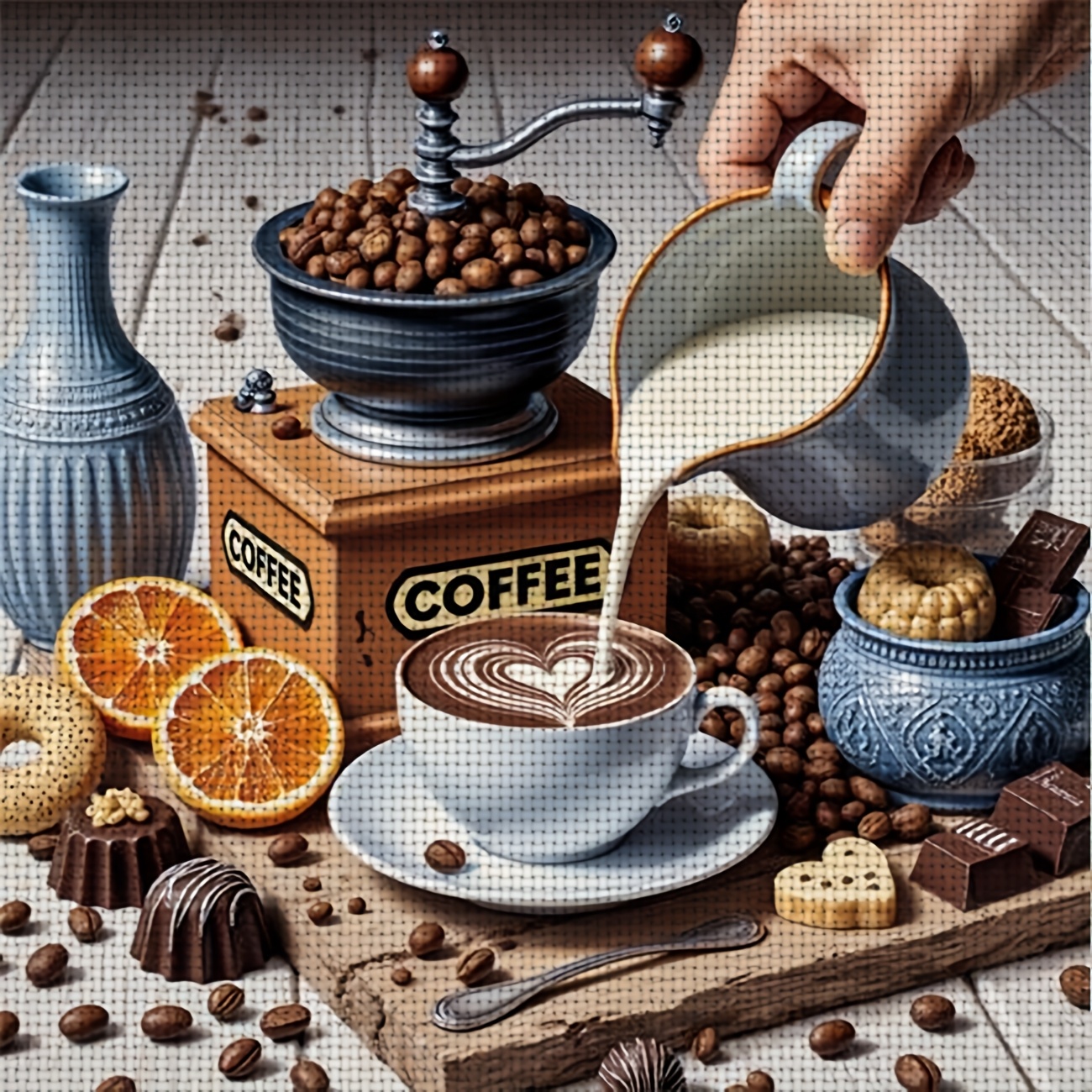 TEMU 1 Kit de Punto de Cruz Estampado | "Café Vertido a con Snacks", Ideal para Principiantes, , Hilo, e Instrucciones, Disponible en 2 Tamaños: