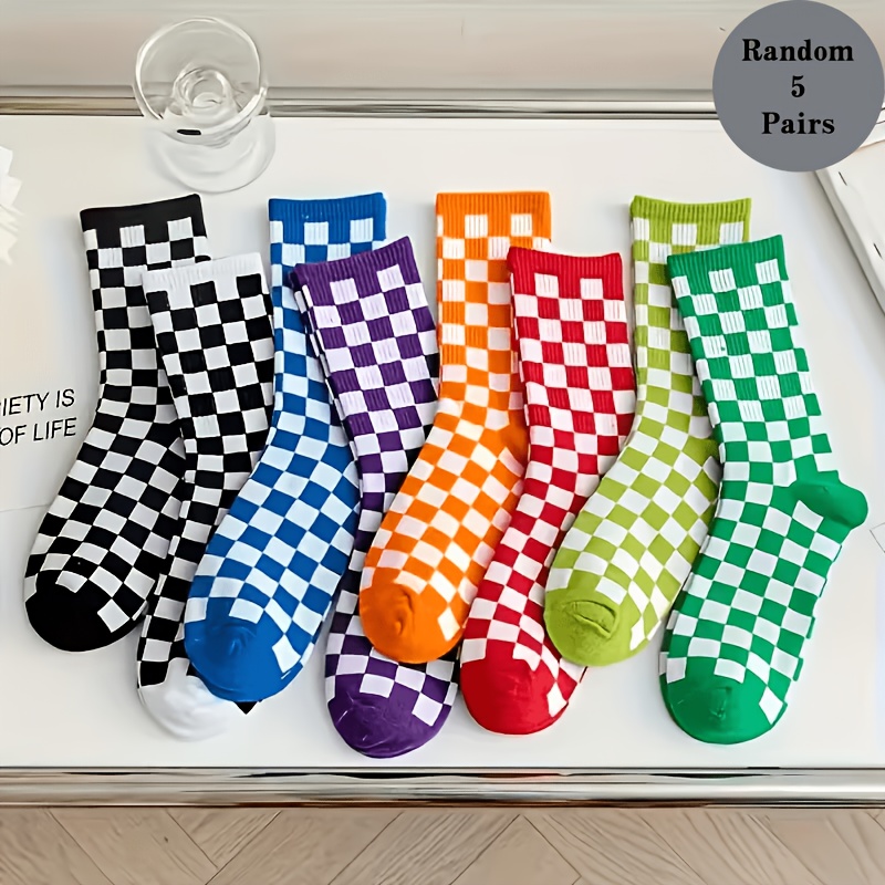 TEMU Trendy 5 Pairs Random Checkered Men's And Women's Mid-calf Socks