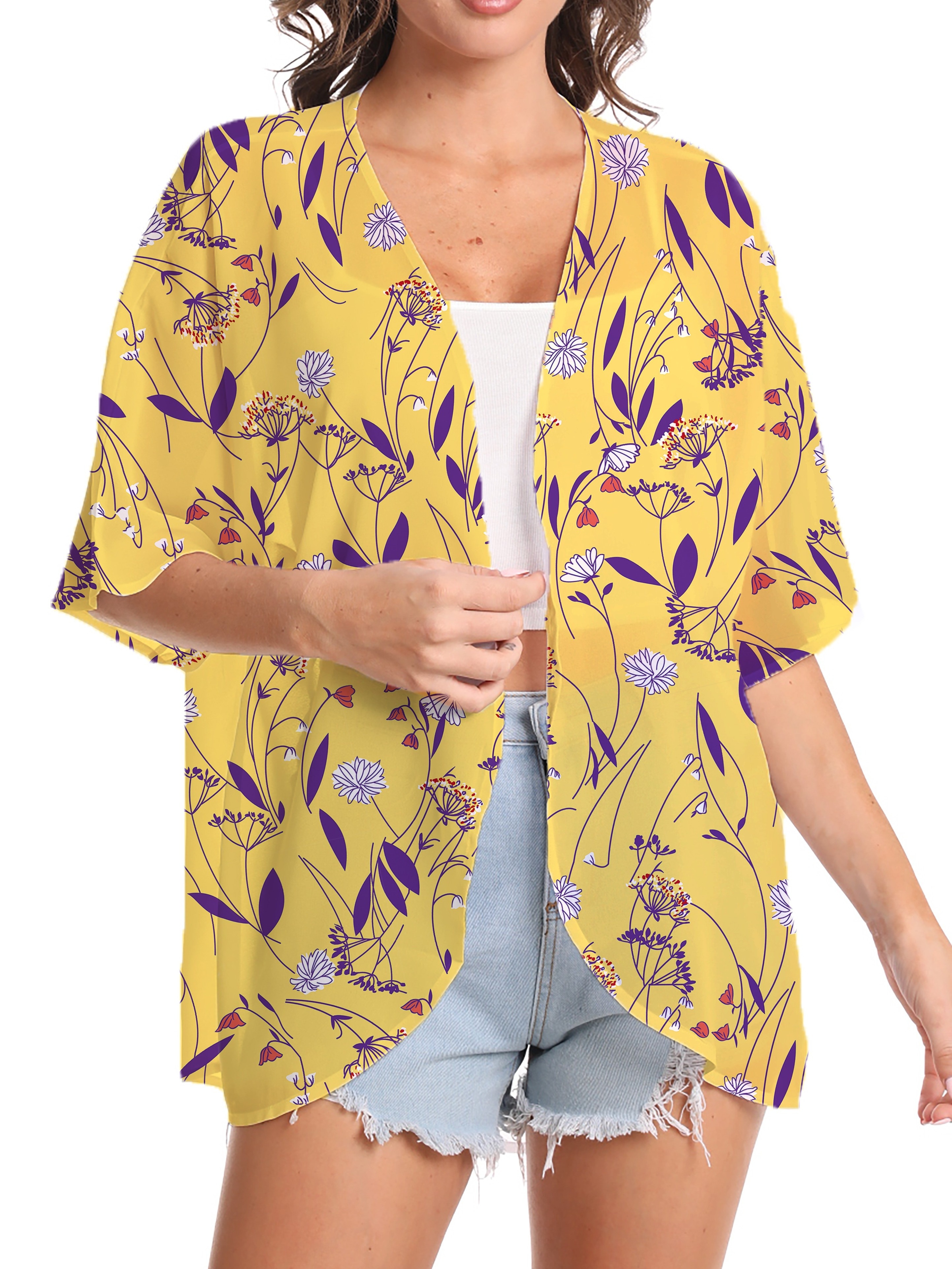 Floral Print Cover Up Cardigan, V Neck Loose Fit Half Sleeves Casual Beach Kimono, Women's Swimwear & Clothing