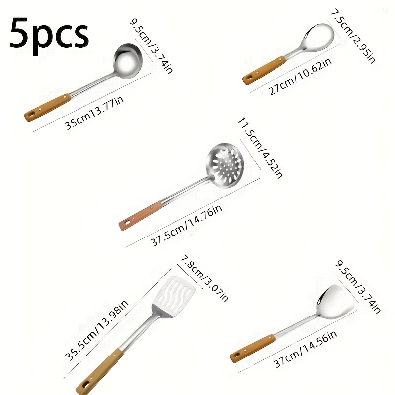 Image of 5pcs - Kitchen Cooking Utensil Set, Wood Grain Handle, Heat-resistant Thick Stainless Steel, Spatula, Spoon, Filter Screen, Non Slip Grip, Food Contact Safety