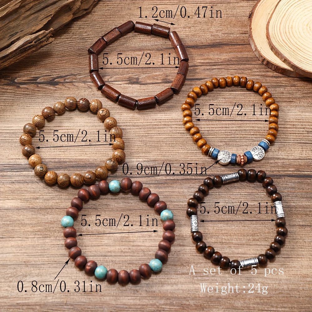 E-shop Neues Handgefertigtes 5er-Set Armband für Männer, Mehrfarbiges Holzperlen Lebensbaum Armband