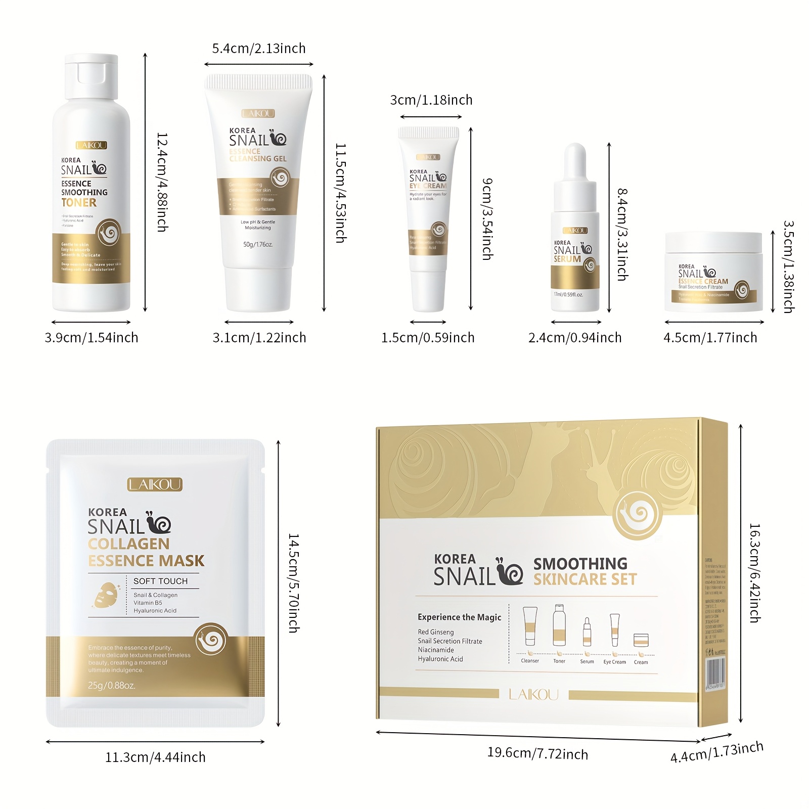 LAIKOU Korejski set za njegu kože sa puževim sluzom, tonik, serum zračnosti, krema oko očiju, crema lica, gelišteće sredstvo, 20 komada maska za licе, dubinska hidratacija, poklon za Valentinovo ili rođendan