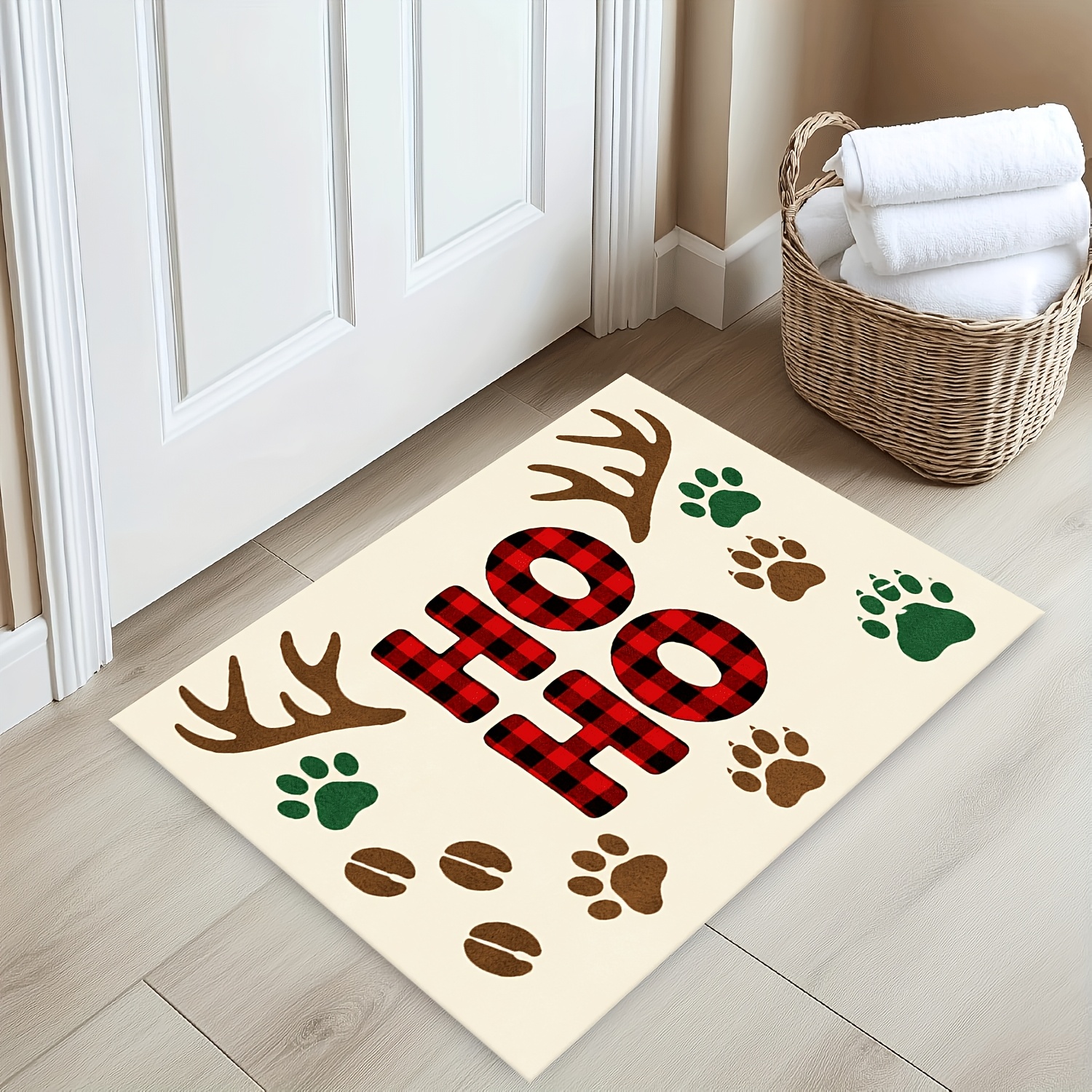 item picture short plush bathroom non slip mat   plaid pattern with antler   and coffee beans machine washable soft and durable suitable for bathroom doorway bedroom dining room living room and office decor home decoration holiday gift