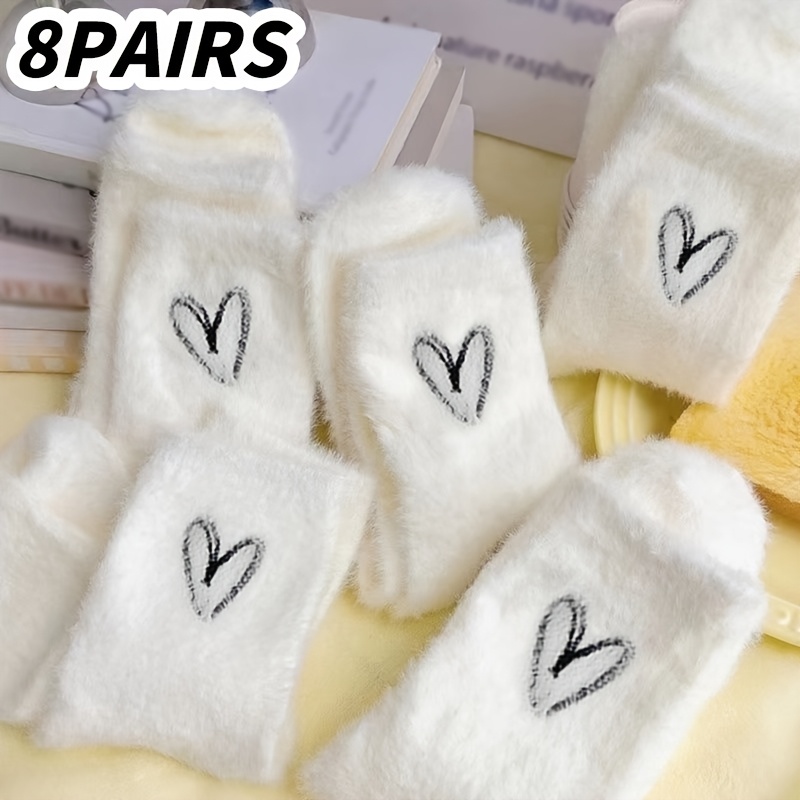 Image of 8 Pairs Of New Autumn And Winter White Heart-shaped Mink Plush Warm, Sweat-absorbing, Breathable, And Comfortable Fluffy Short Socks That Are Easy And Versatile