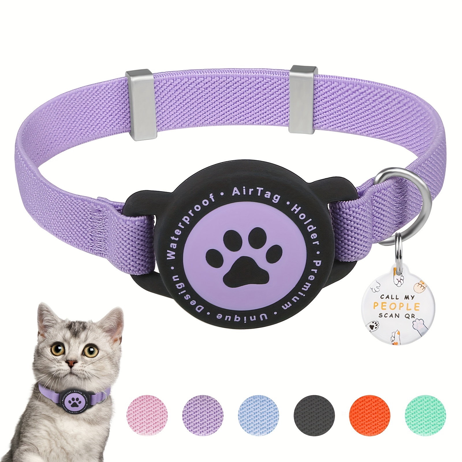 TEMU Collier pour chat et tendance avec support pour Air Tag, complet avec une étiquette QR ID et deux clochettes. Léger, extensible et confortable,