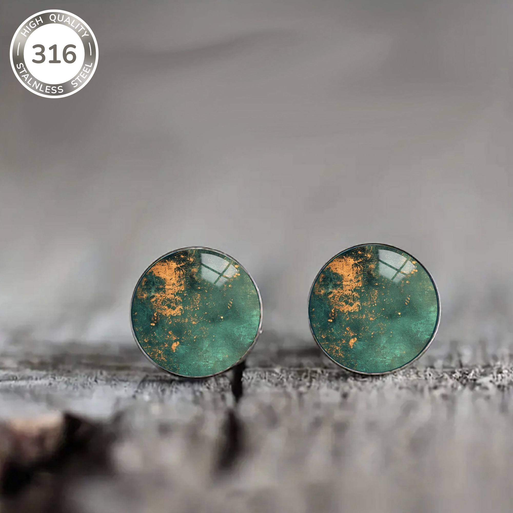 1 Pair | Green Golden-dotted Steel Earrings, Elegant Jewelry For Men And Women' Wear Valentine's Day Gift