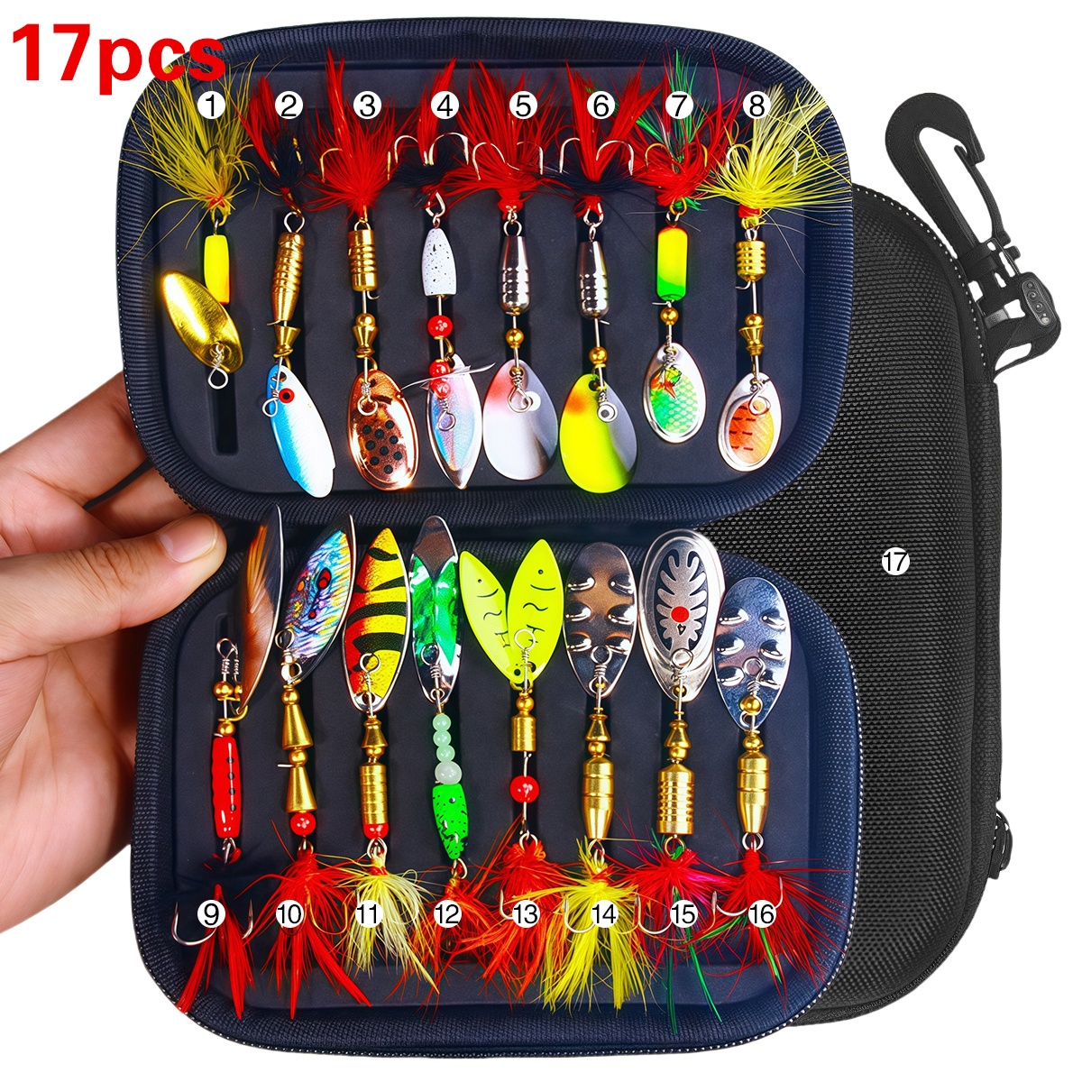 TEMU 17pcs Outdoor Lure Compound Spinning Sequin Bait Set, Colorful Bionic Triple Hook Fake Bait With Storage Bag, Fishing Bait, Suitable For Fresh And Salt Water, Surprise Gift For Men