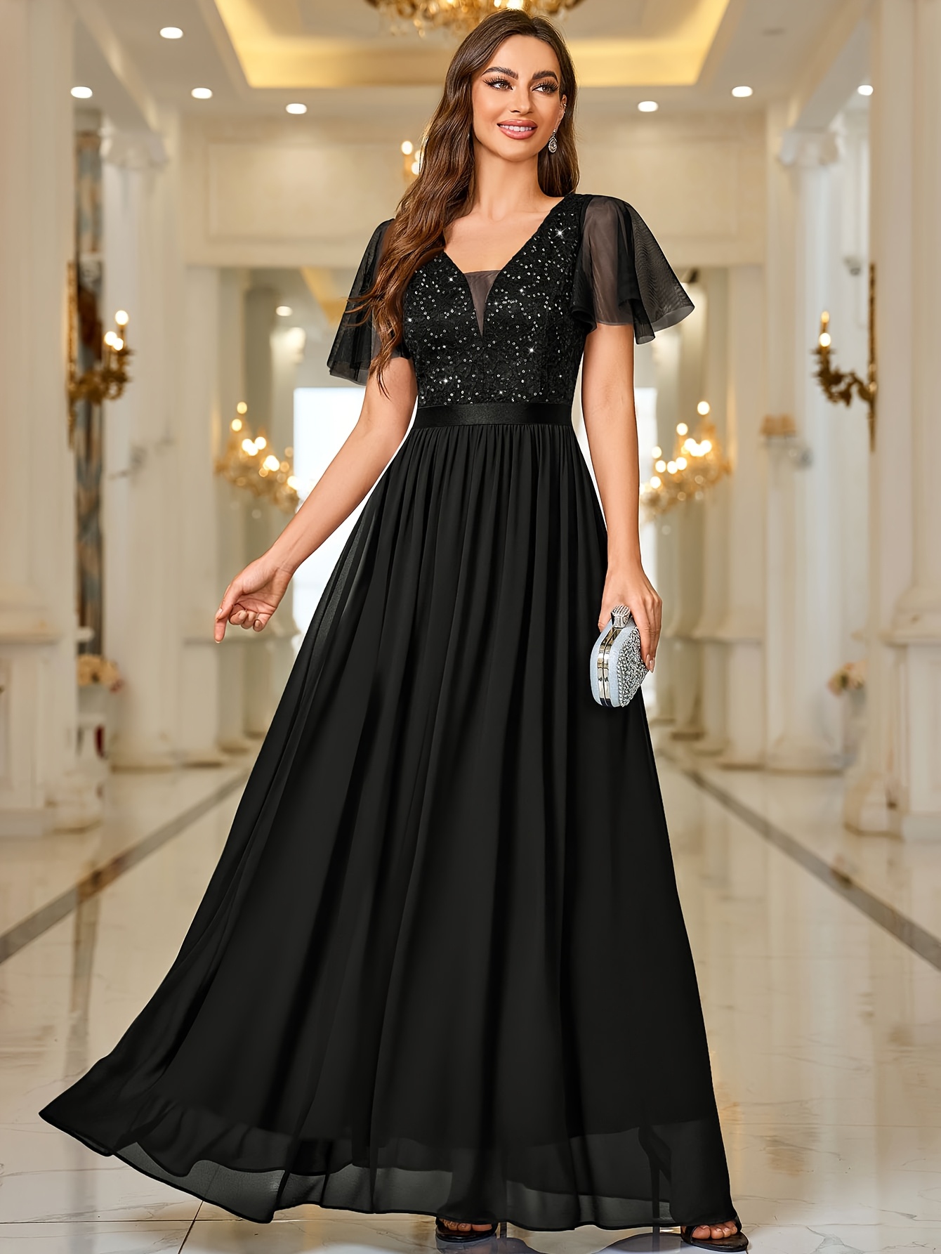 54228 elegant womens sequin lace contrast chiffon bridesmaid - Temu
