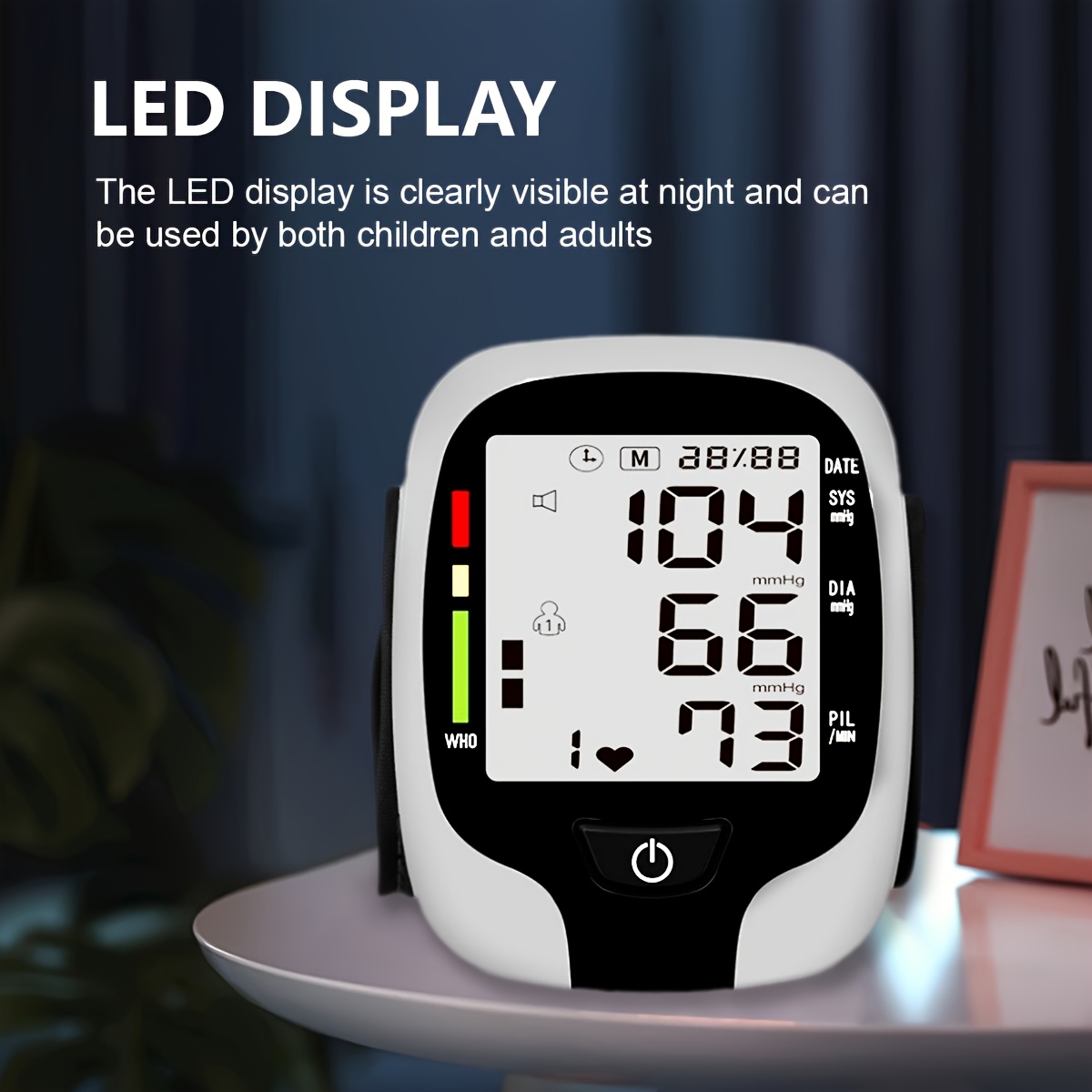   wrist   lcd display adjustable cuffs arrhythmia and   monitor   broadcast and easy to read lcd screen to show your blood pressure battery powered battery not included Product details 3